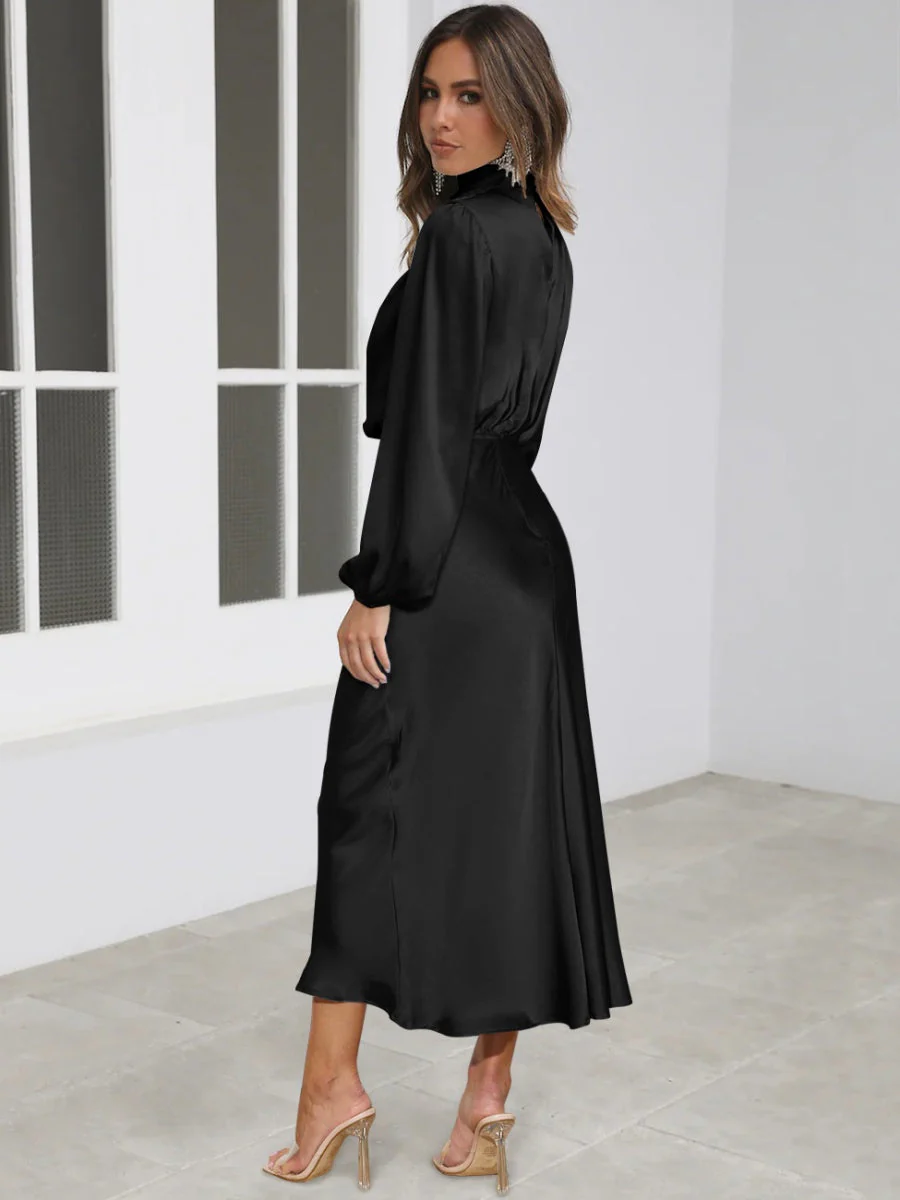 Satin Long Sleeve Zipper Solid Color Maxi Dresses - Image 16