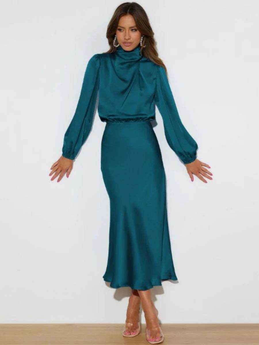 Satin Long Sleeve Zipper Solid Color Maxi Dresses - Image 17