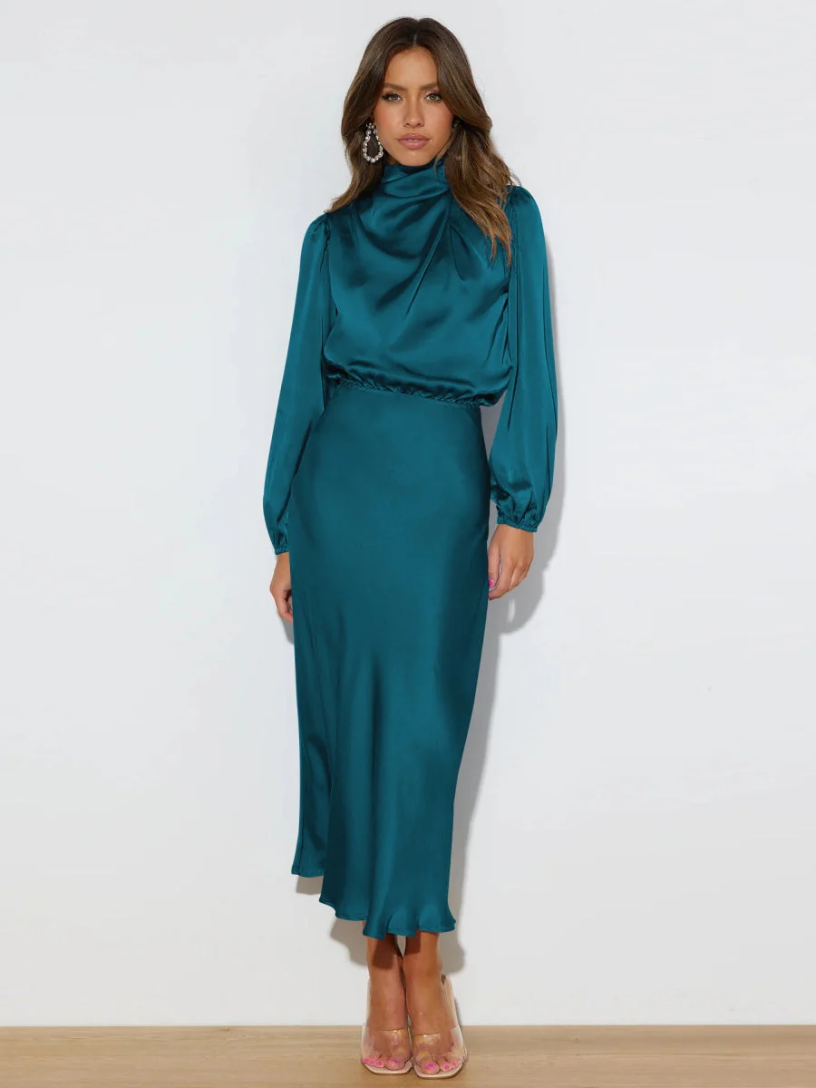 Satin Long Sleeve Zipper Solid Color Maxi Dresses - Image 18
