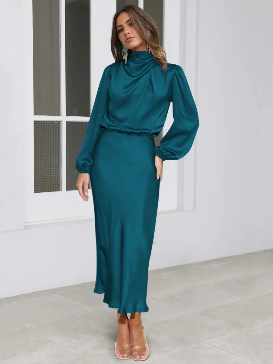Satin Long Sleeve Zipper Solid Color Maxi Dresses - Image 20