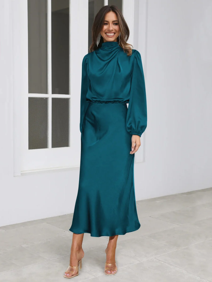 Satin Long Sleeve Zipper Solid Color Maxi Dresses - Image 21