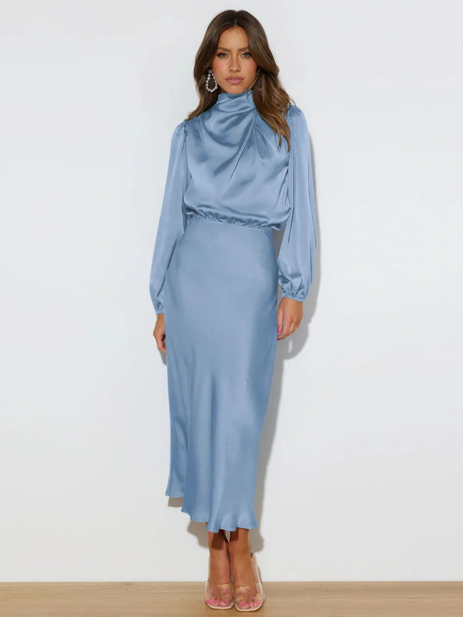 Satin Long Sleeve Zipper Solid Color Maxi Dresses - Image 22
