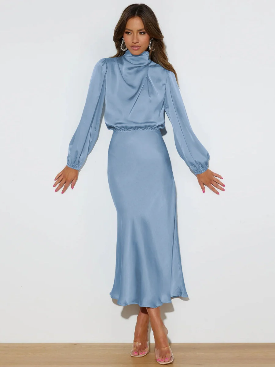 Satin Long Sleeve Zipper Solid Color Maxi Dresses - Image 23