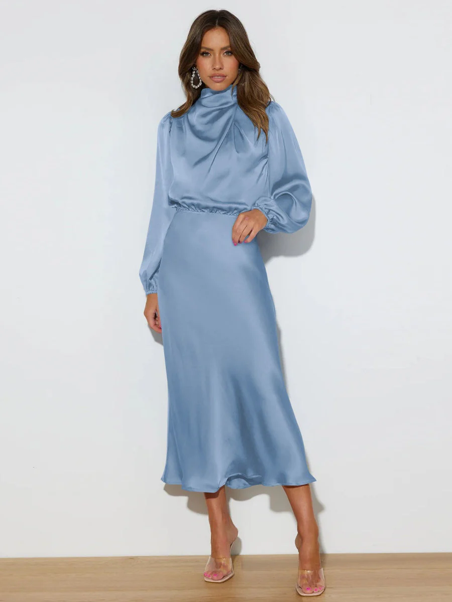 Satin Long Sleeve Zipper Solid Color Maxi Dresses - Image 25