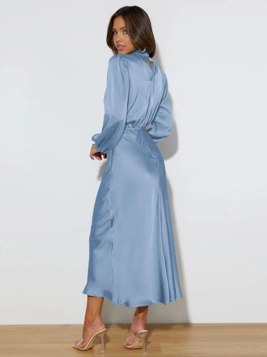 Satin Long Sleeve Zipper Solid Color Maxi Dresses - Image 27