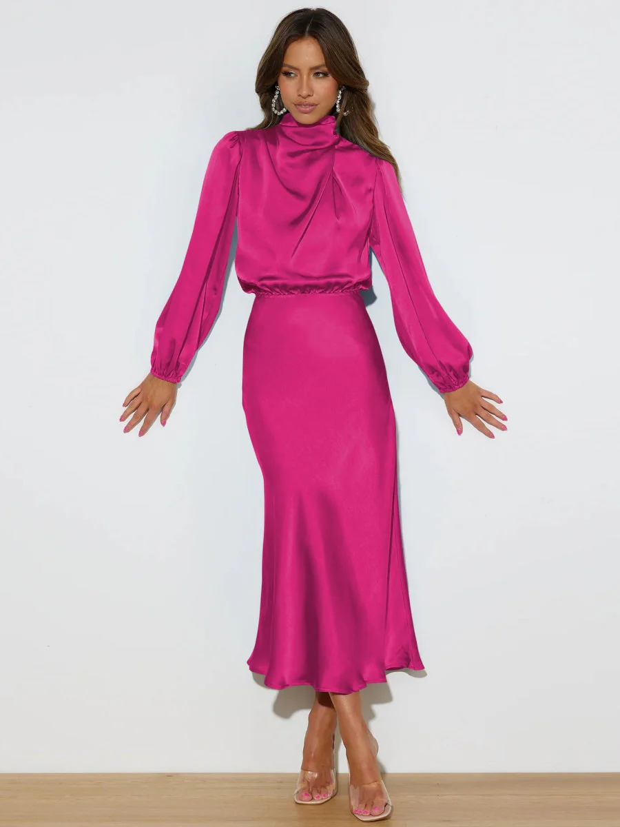 Satin Long Sleeve Zipper Solid Color Maxi Dresses - Image 28