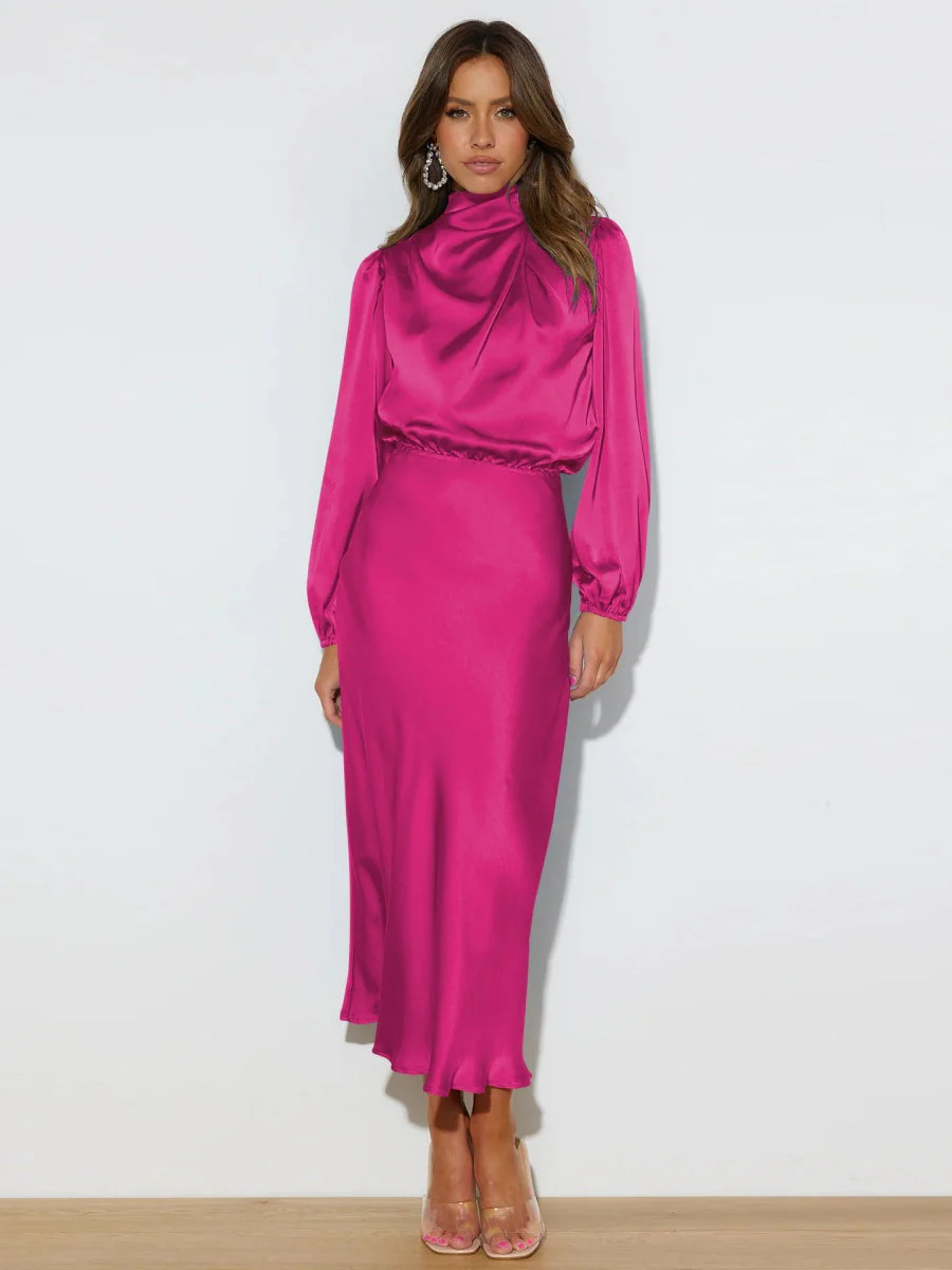 Satin Long Sleeve Zipper Solid Color Maxi Dresses - Image 29