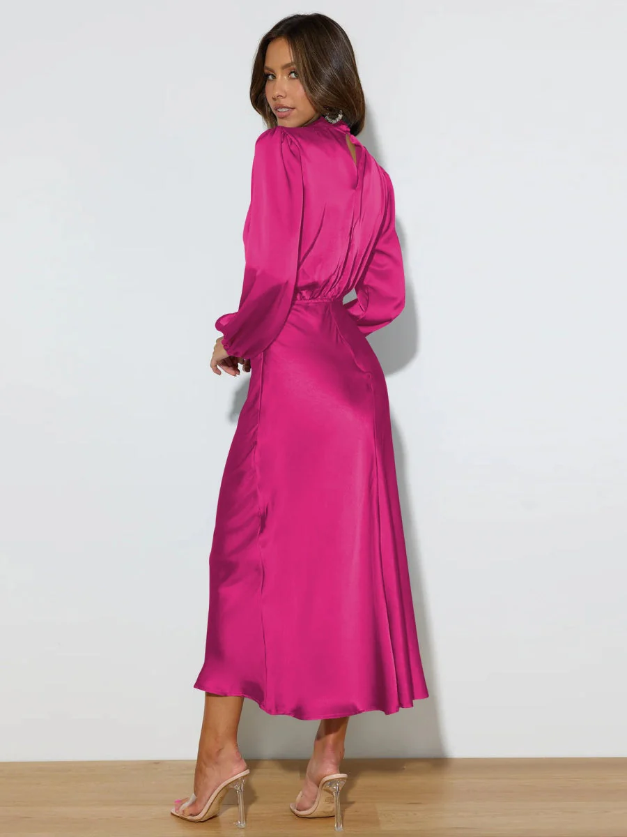 Satin Long Sleeve Zipper Solid Color Maxi Dresses - Image 31