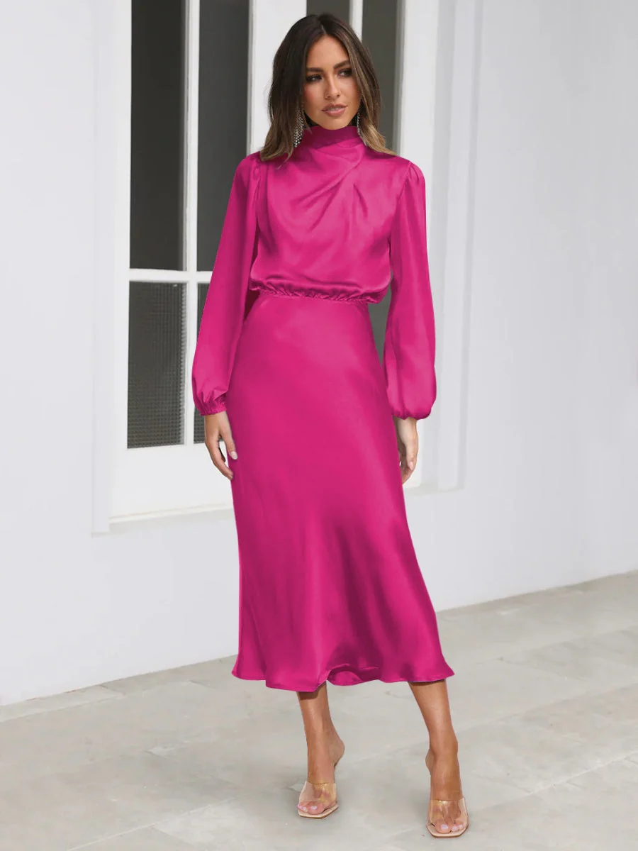 Satin Long Sleeve Zipper Solid Color Maxi Dresses - Image 32