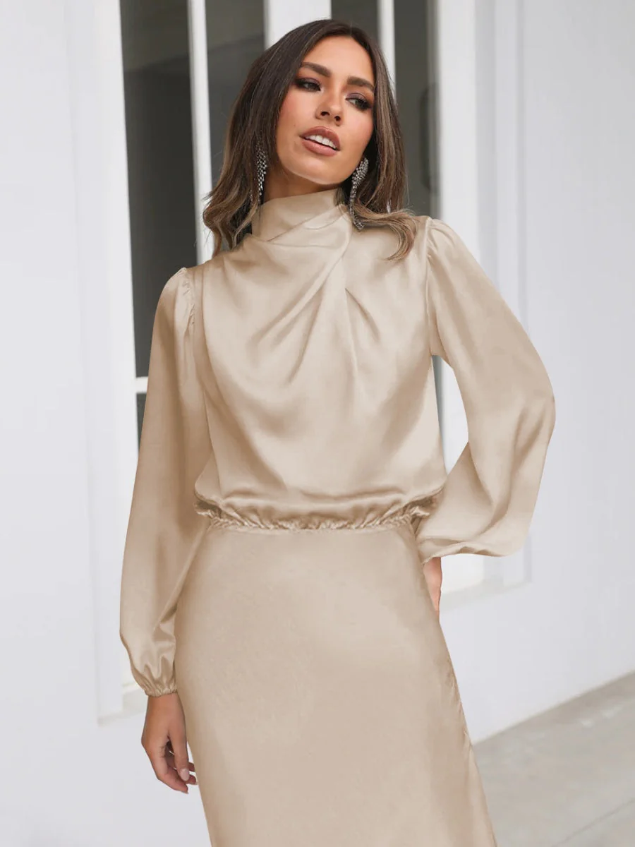 Satin Long Sleeve Zipper Solid Color Maxi Dresses - Image 5