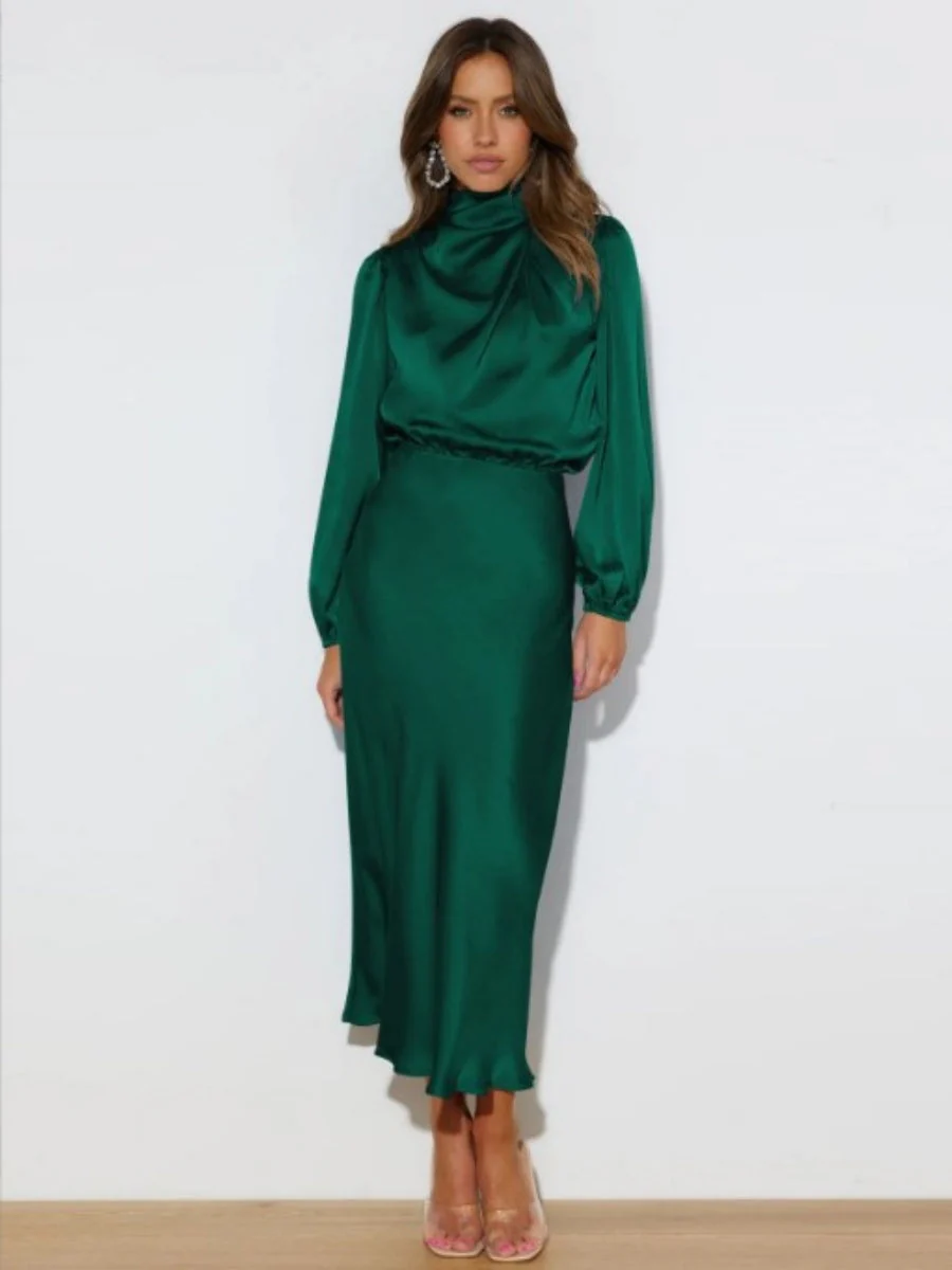 Satin Long Sleeve Zipper Solid Color Maxi Dresses - Image 6