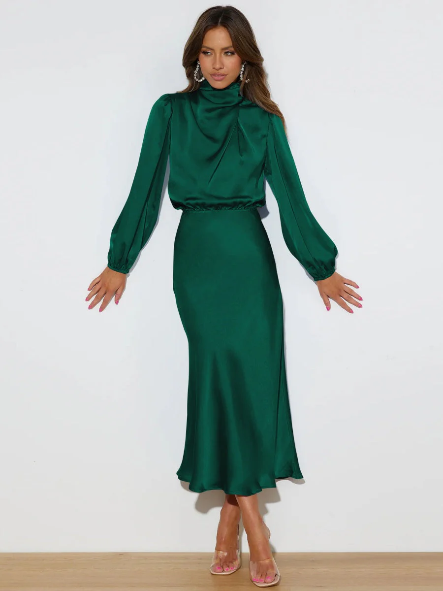 Satin Long Sleeve Zipper Solid Color Maxi Dresses - Image 7