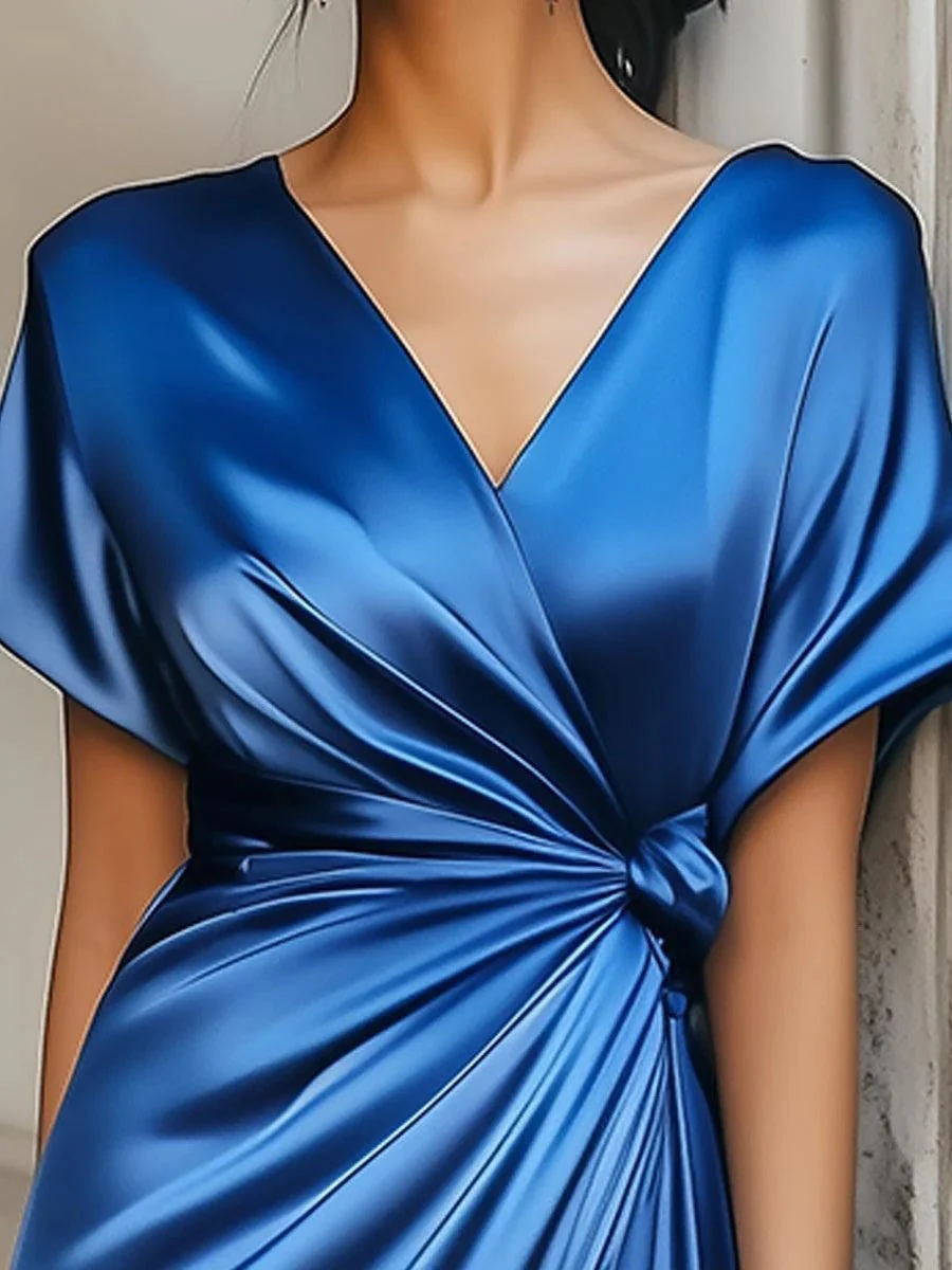 V-neck Short Sleeve Solid Color Satin Maxi Dresses - Image 2