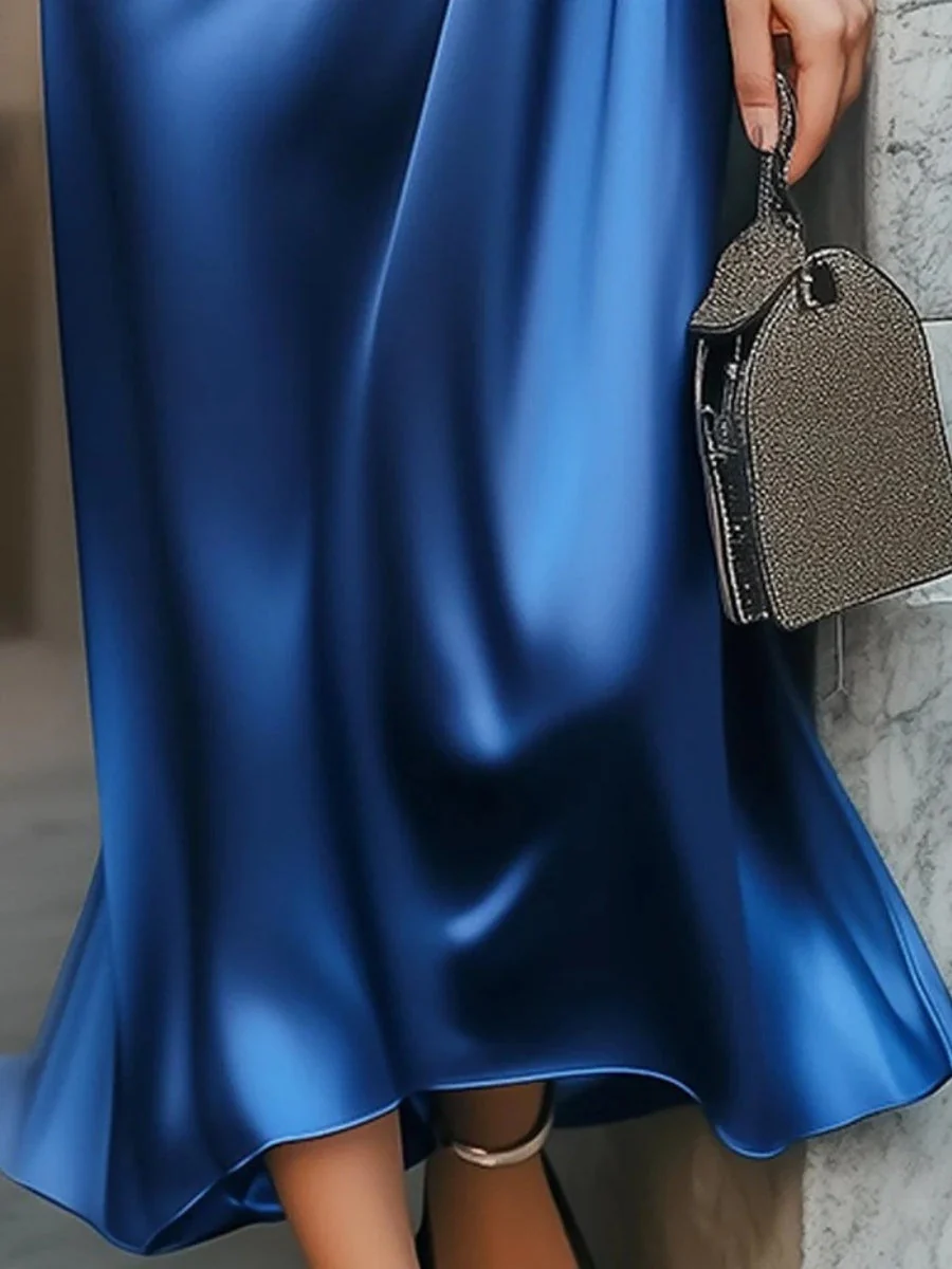 V-neck Short Sleeve Solid Color Satin Maxi Dresses - Image 3