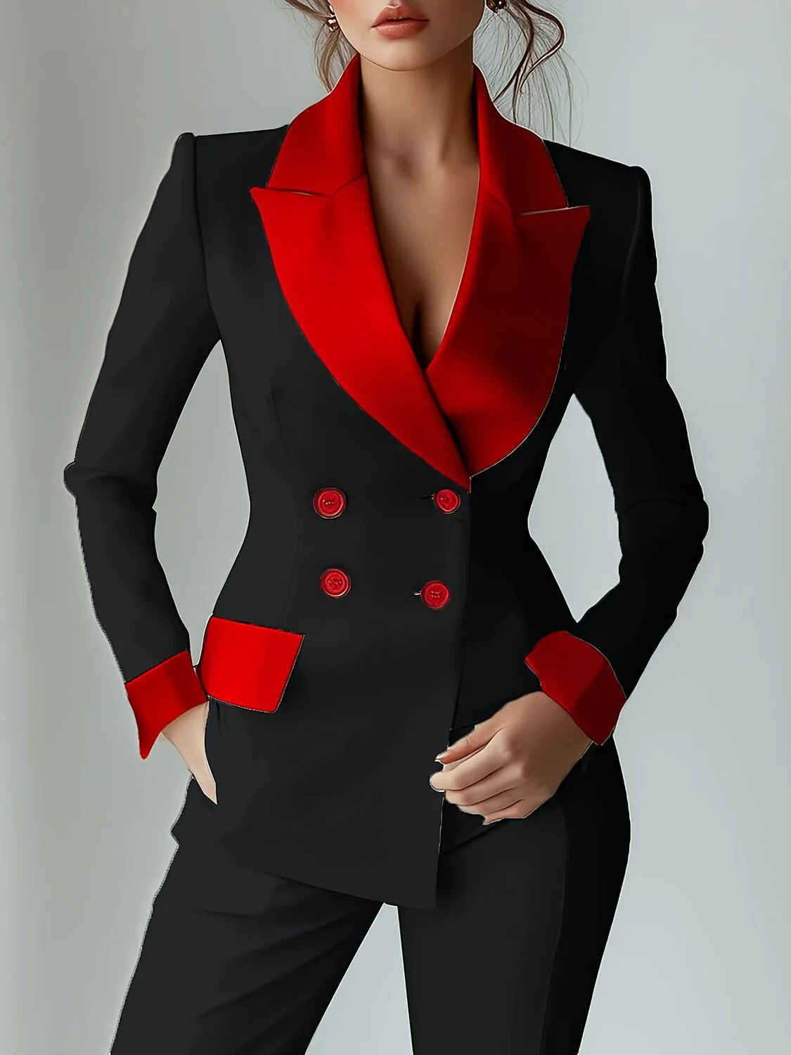 Long Sleeve Buttons Splicing Interface Bag Contrasting Colors Blazers - Image 2