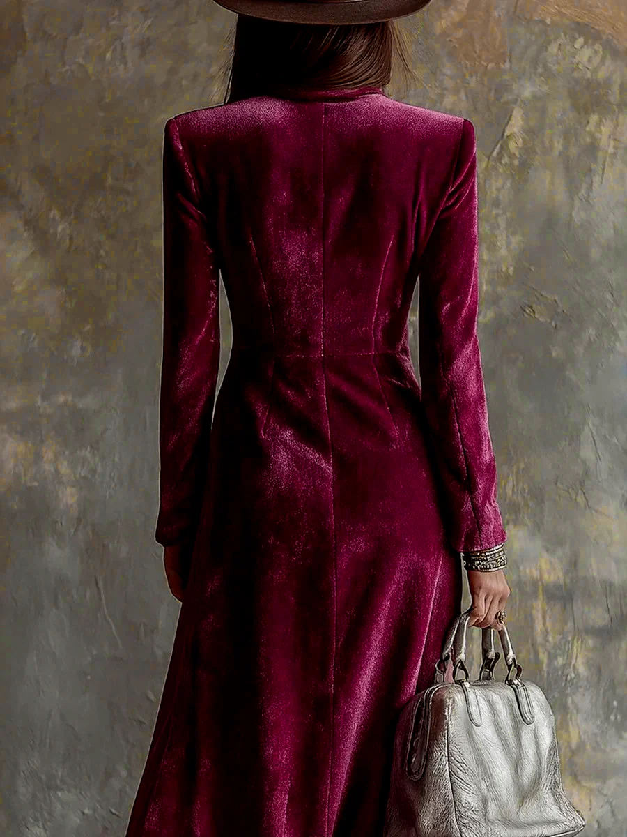 Suit Collar Double-breasted Slim Fit Velvet Maxi Dresses - Image 3