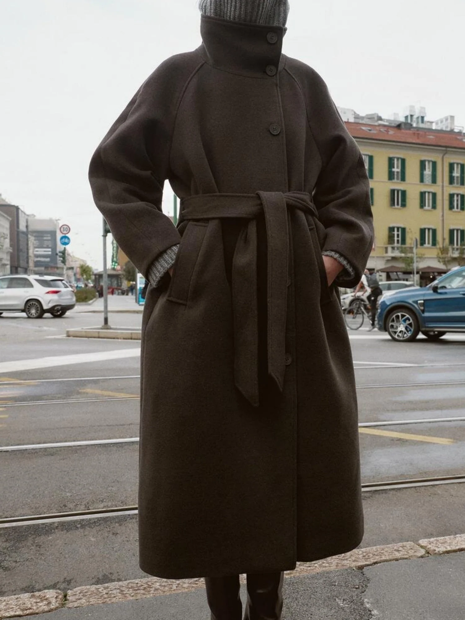 Waist-cinching Wool Coat Stand-up Collar Tie Coats - Image 3