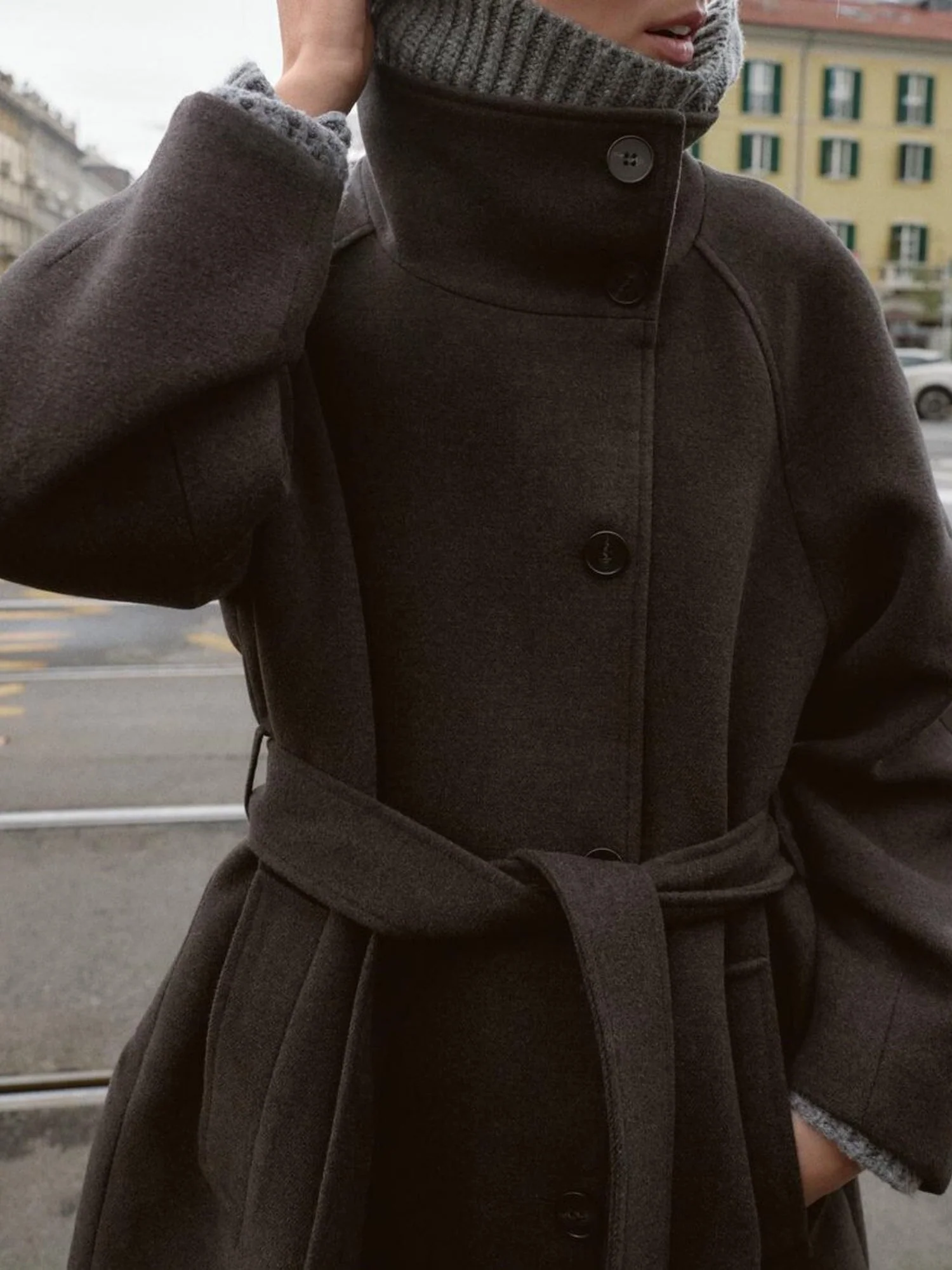 Waist-cinching Wool Coat Stand-up Collar Tie Coats - Image 4