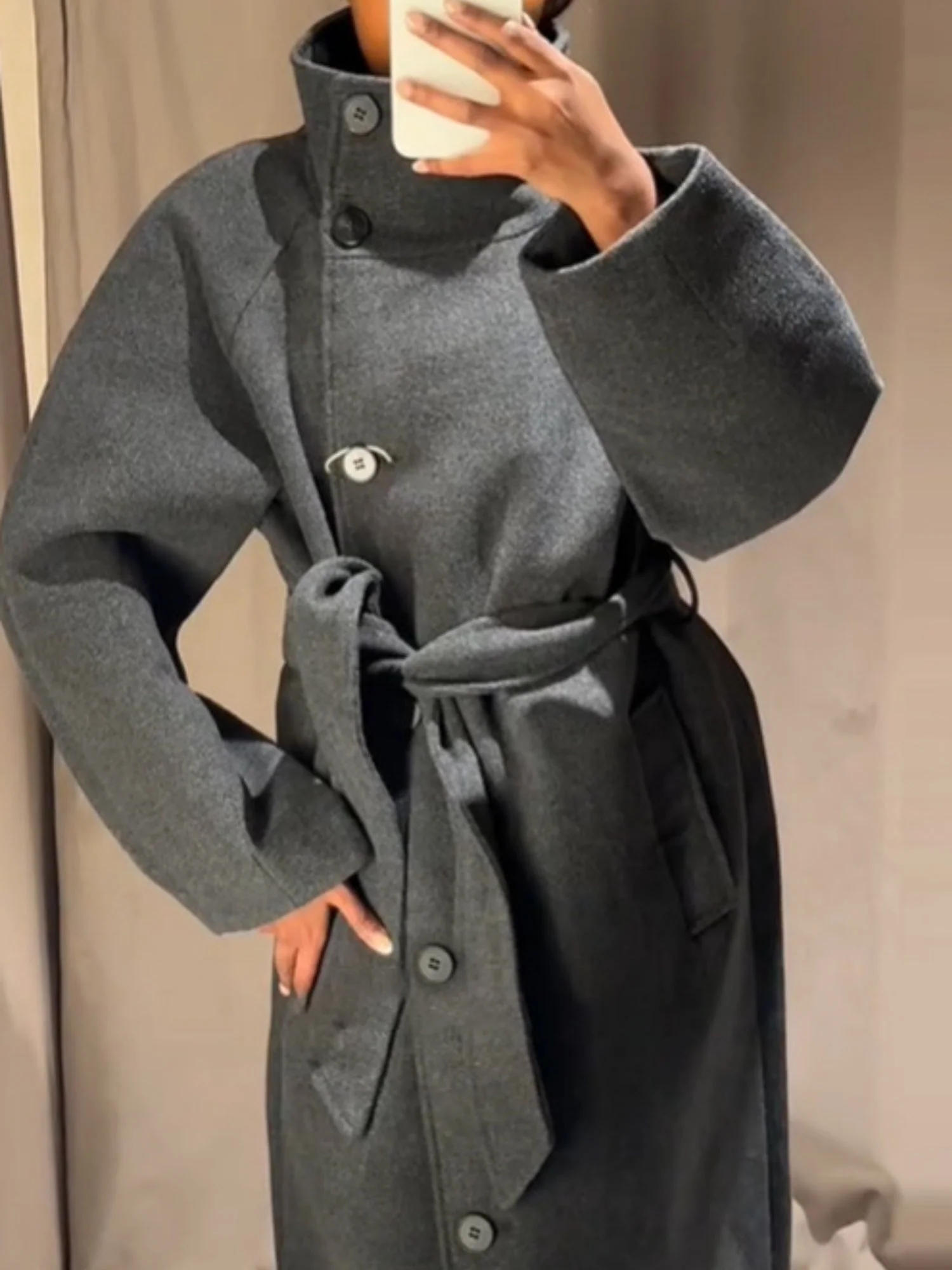 Waist-cinching Wool Coat Stand-up Collar Tie Coats - Image 6