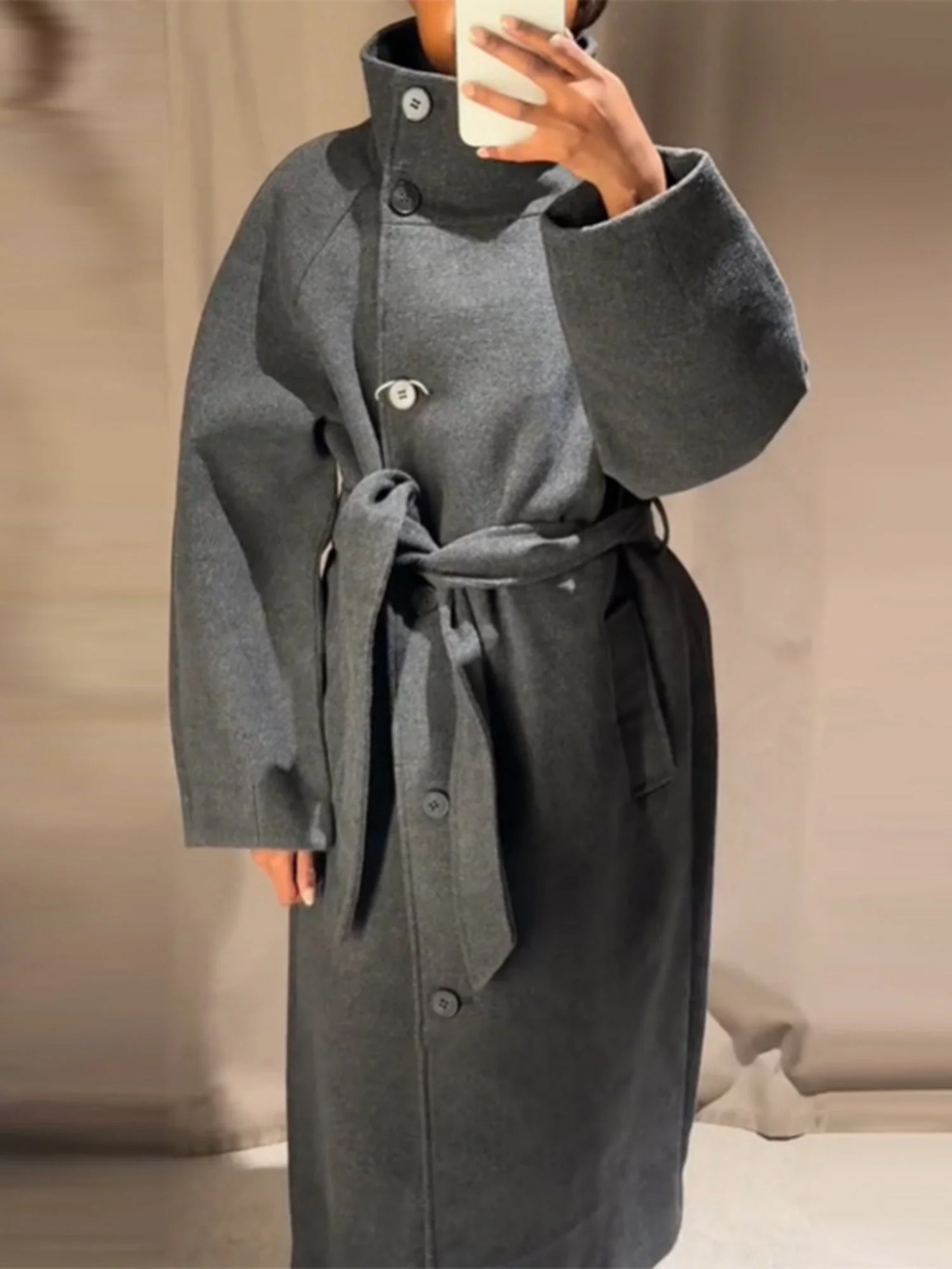 Waist-cinching Wool Coat Stand-up Collar Tie Coats - Image 7