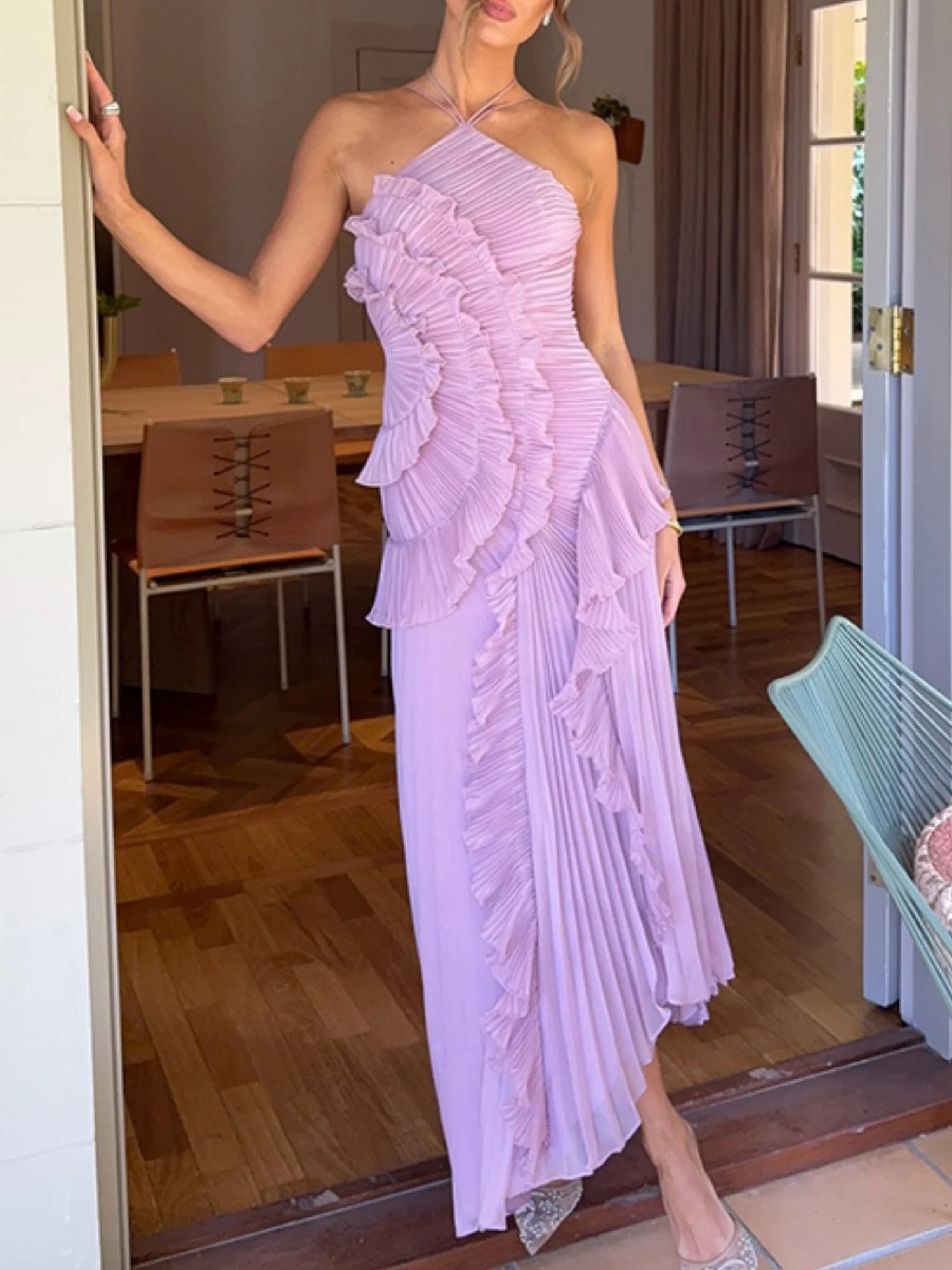 Ruffle Pleated Splicing Halter Neck Strap Maxi Dresses - Image 3