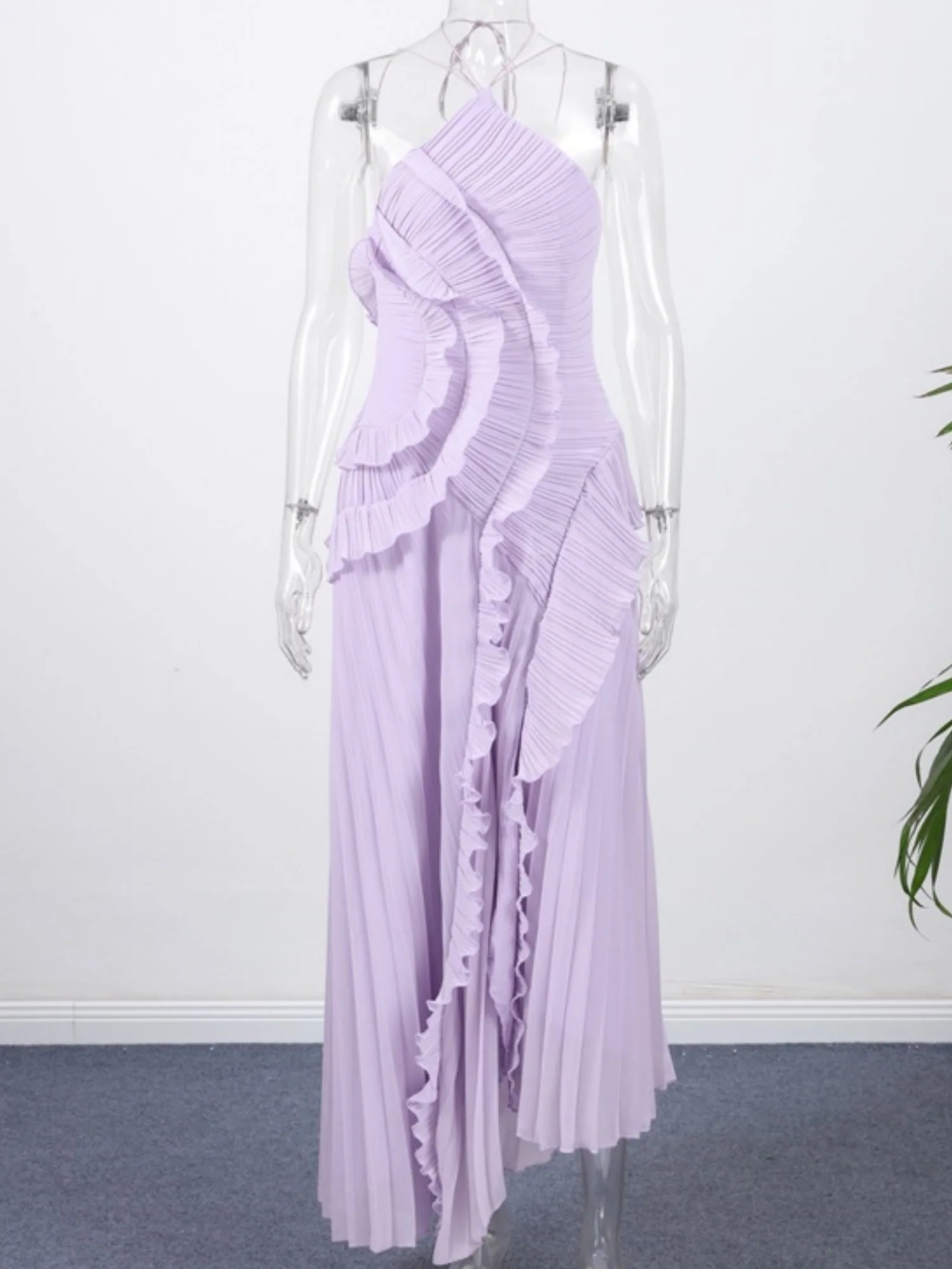 Ruffle Pleated Splicing Halter Neck Strap Maxi Dresses - Image 5