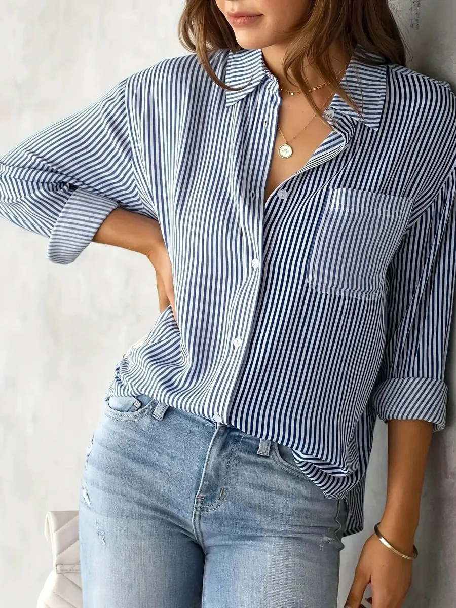 Loose-fit Long Sleeve Stripes Stripes Shirts - Image 6