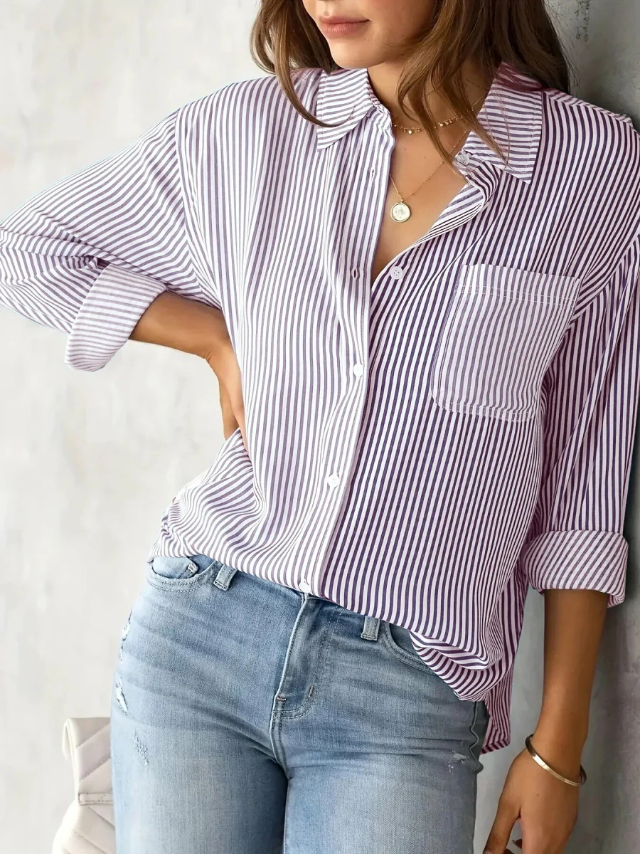 Loose-fit Long Sleeve Stripes Stripes Shirts - Image 8
