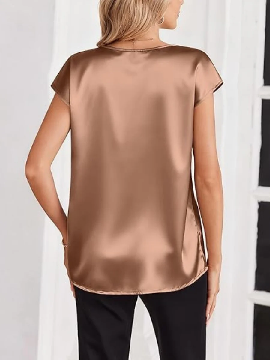 V-neck Satin Leisure Solid Color T-shirts - Image 11