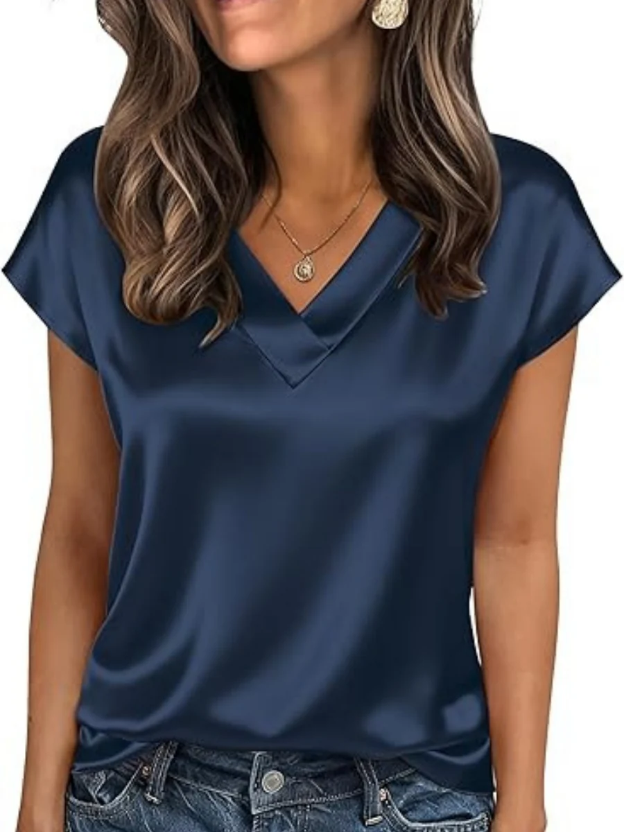 V-neck Satin Leisure Solid Color T-shirts - Image 12