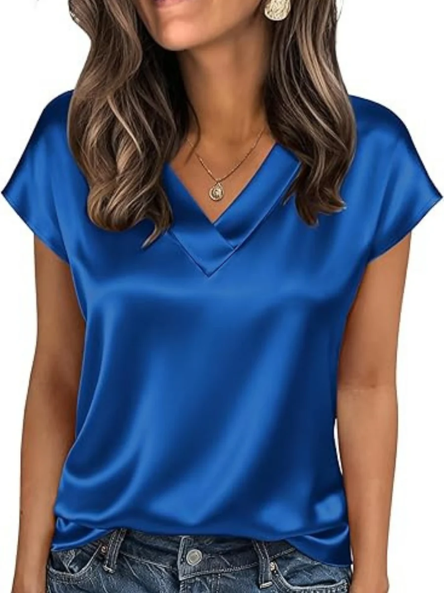 V-neck Satin Leisure Solid Color T-shirts - Image 13
