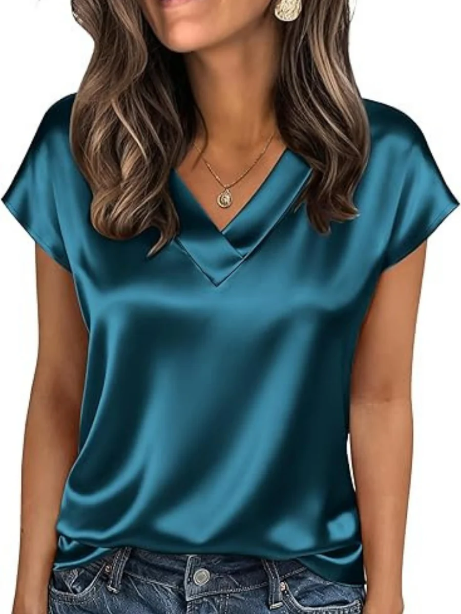 V-neck Satin Leisure Solid Color T-shirts - Image 15