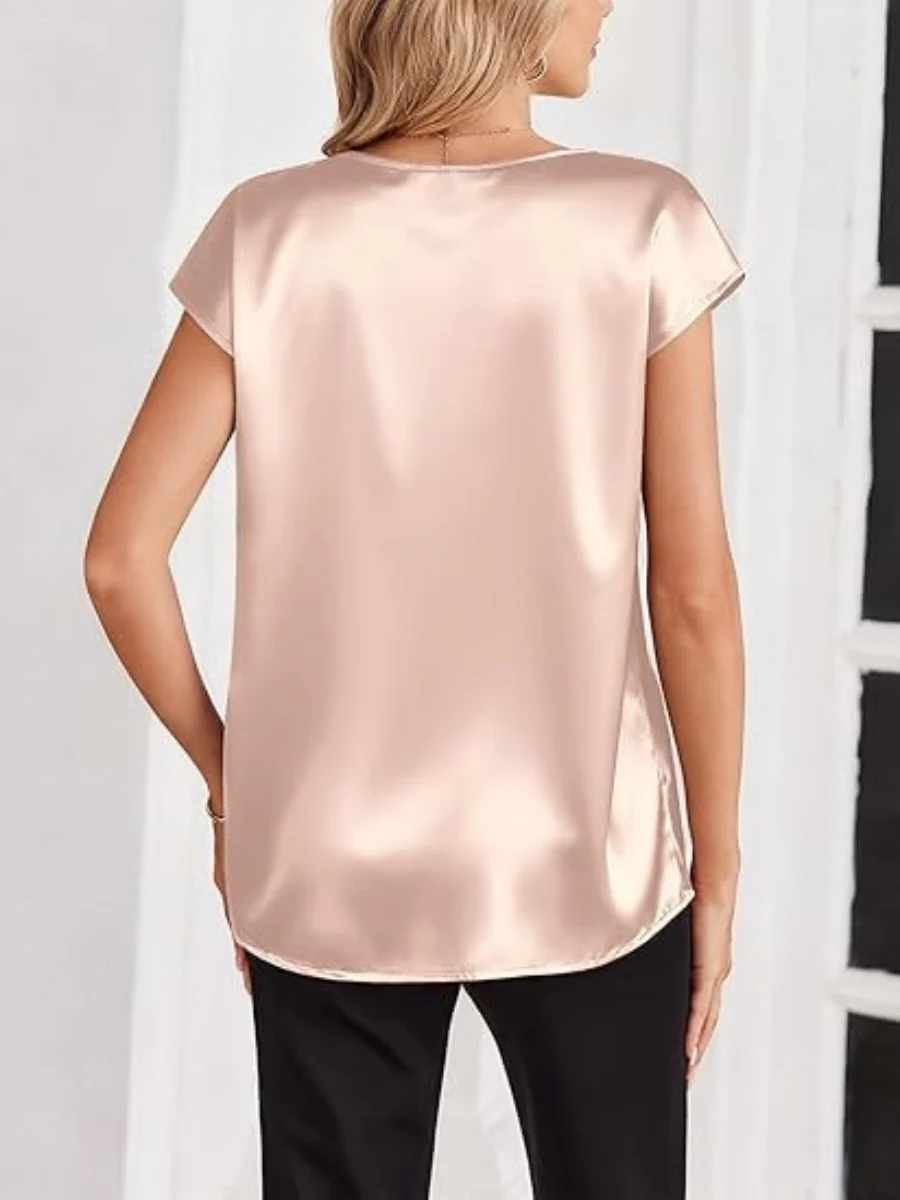 V-neck Satin Leisure Solid Color T-shirts - Image 2