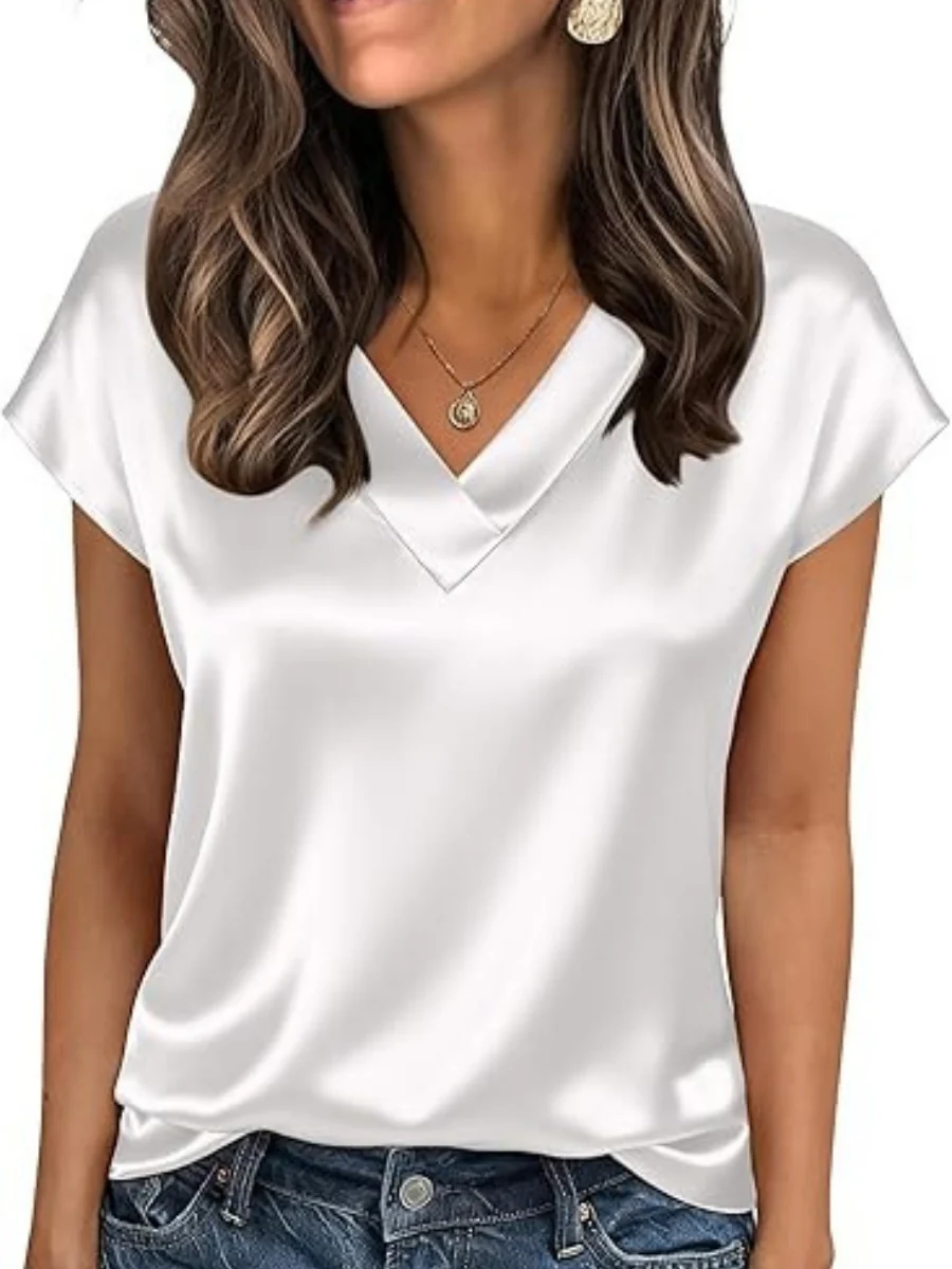 V-neck Satin Leisure Solid Color T-shirts - Image 3
