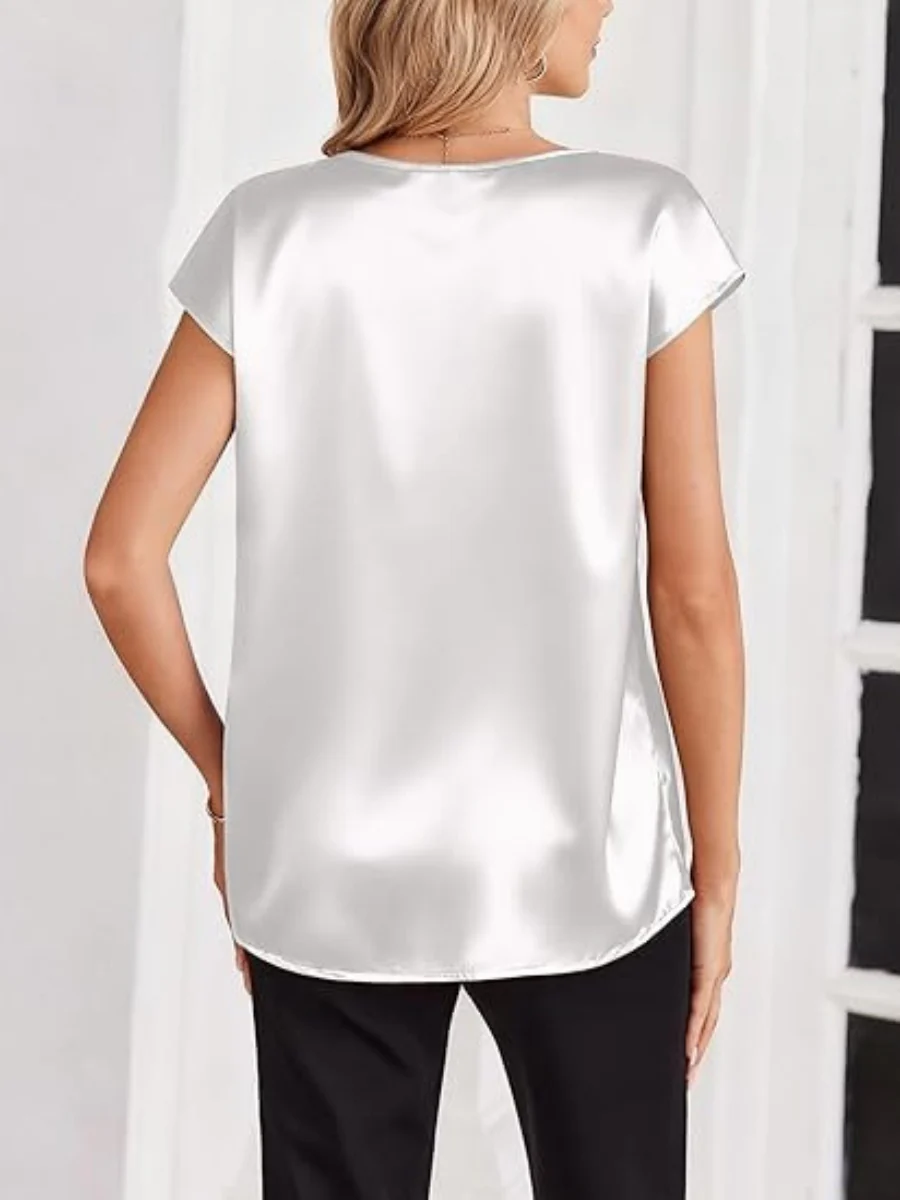 V-neck Satin Leisure Solid Color T-shirts - Image 4