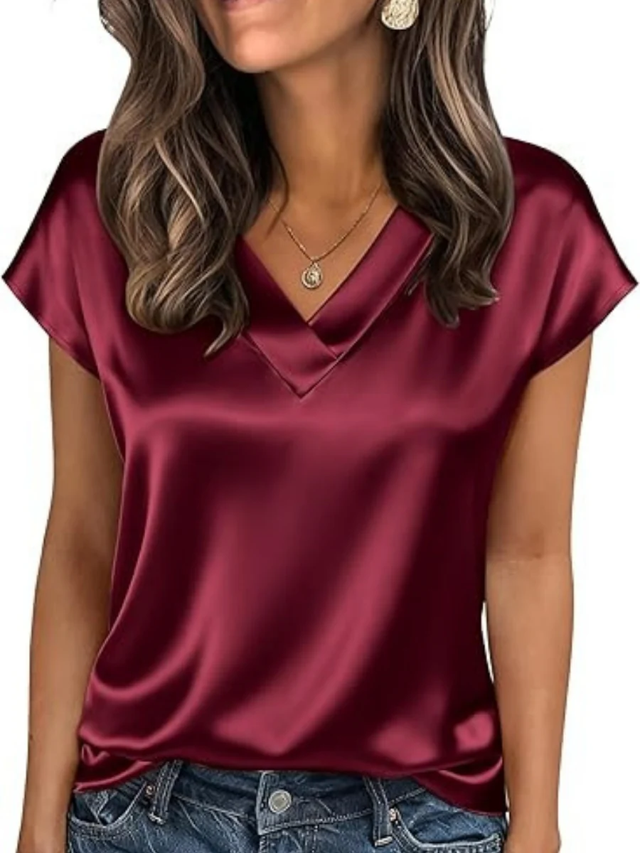 V-neck Satin Leisure Solid Color T-shirts - Image 5