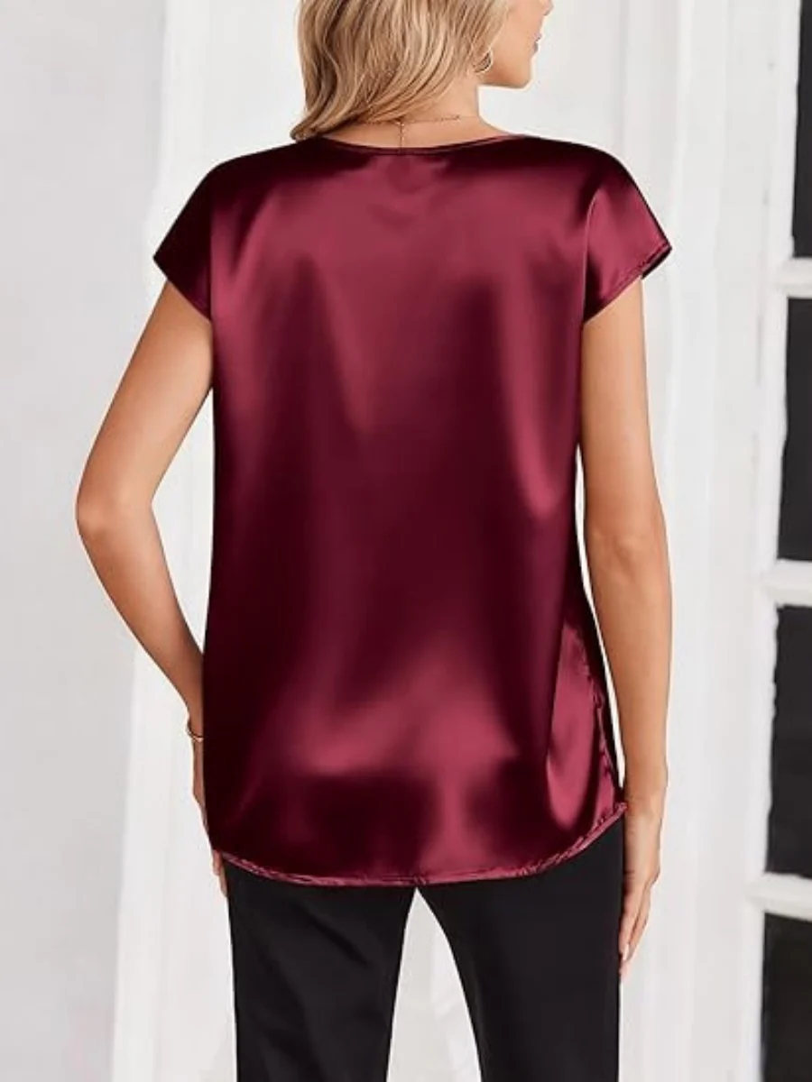 V-neck Satin Leisure Solid Color T-shirts - Image 6