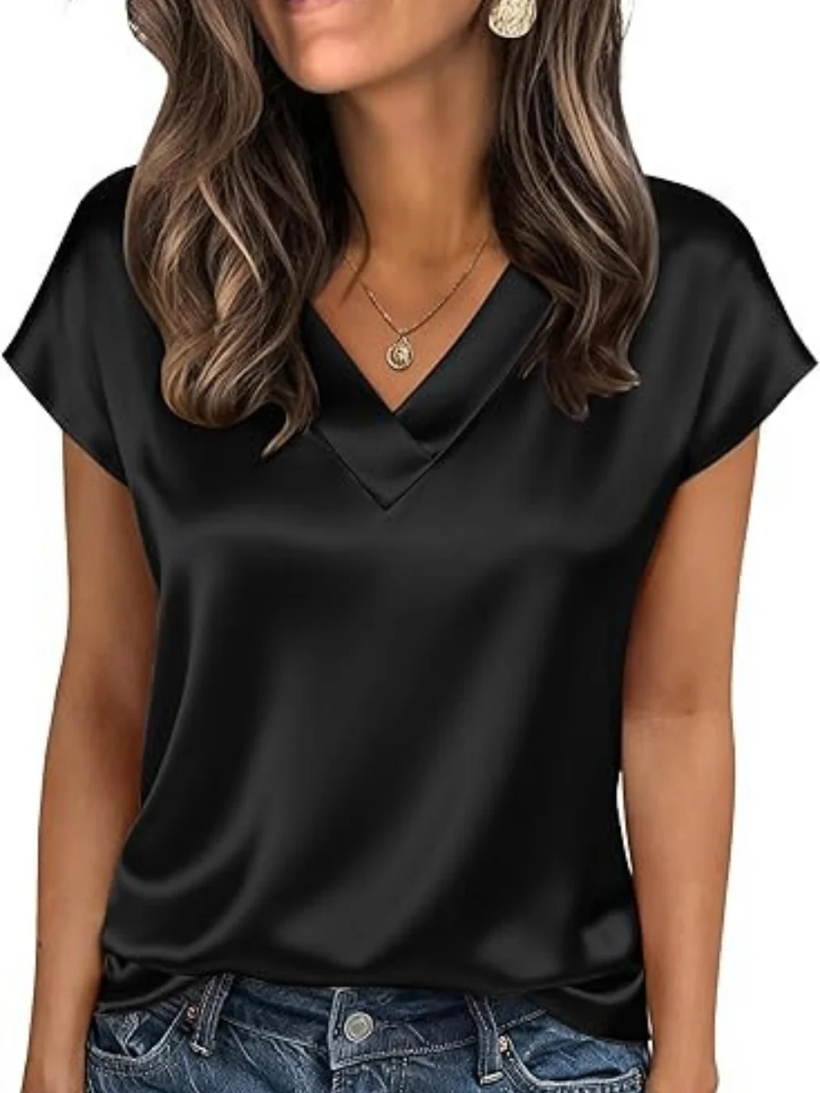 V-neck Satin Leisure Solid Color T-shirts - Image 7
