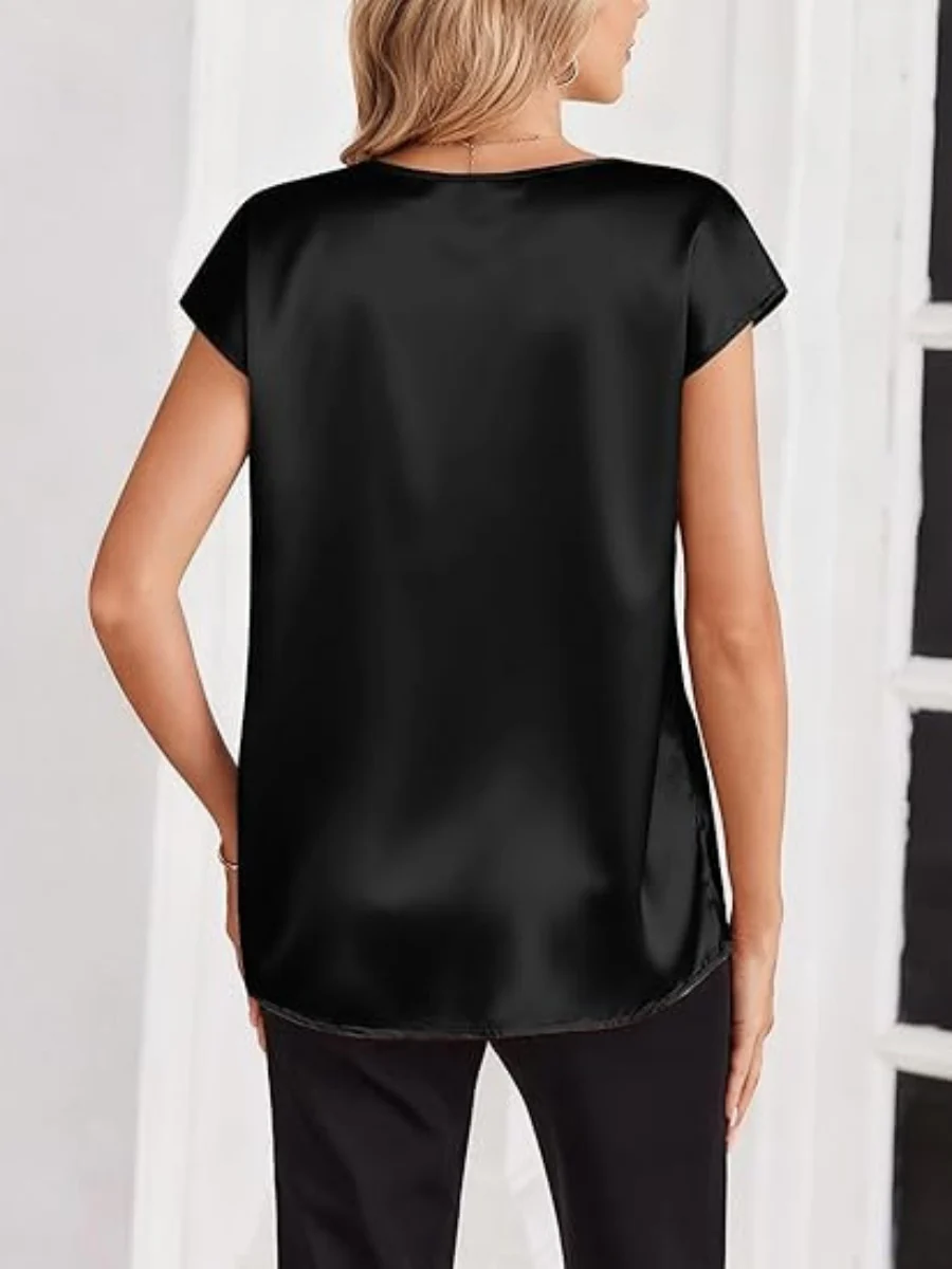 V-neck Satin Leisure Solid Color T-shirts - Image 8