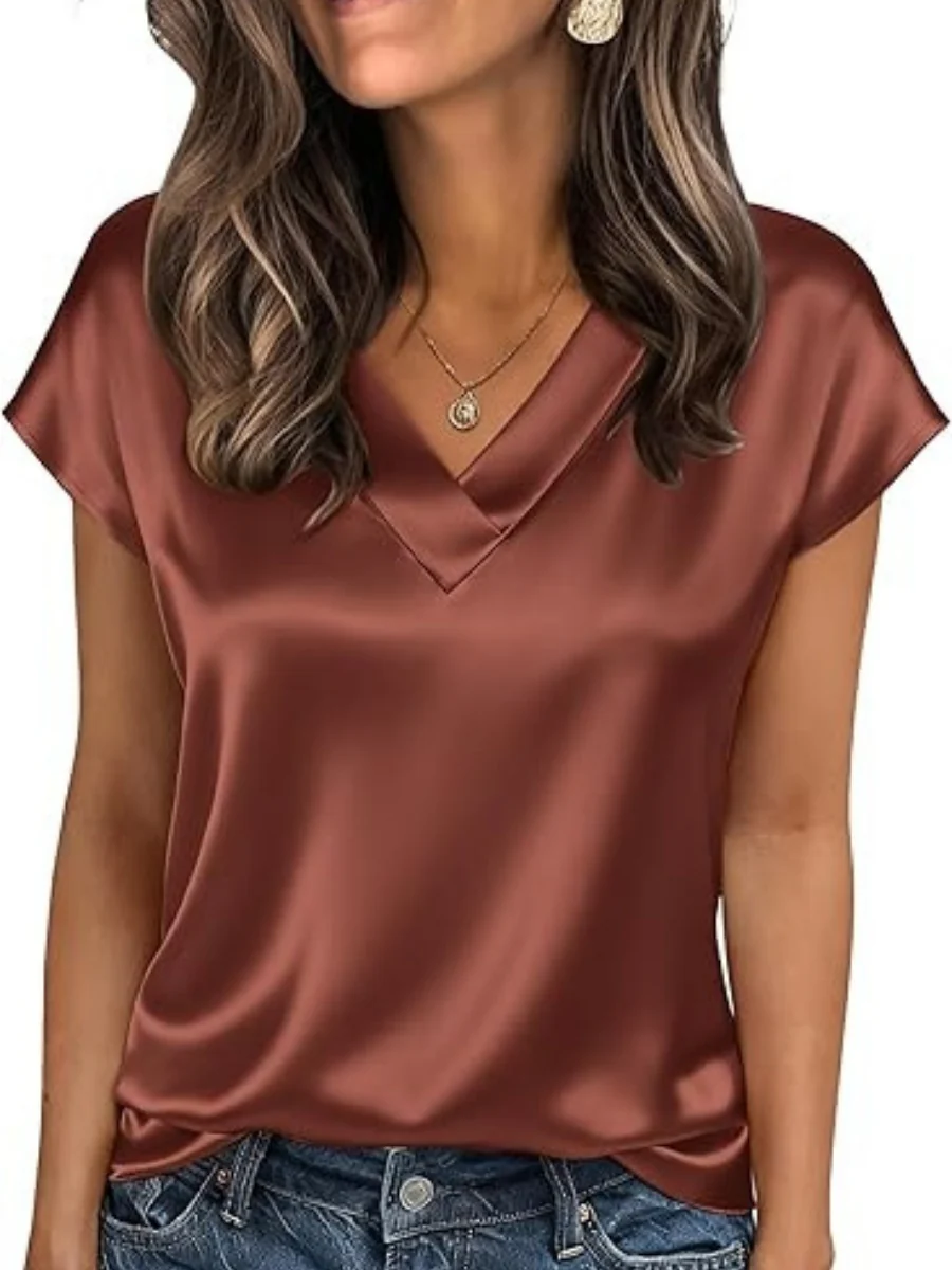 V-neck Satin Leisure Solid Color T-shirts - Image 9
