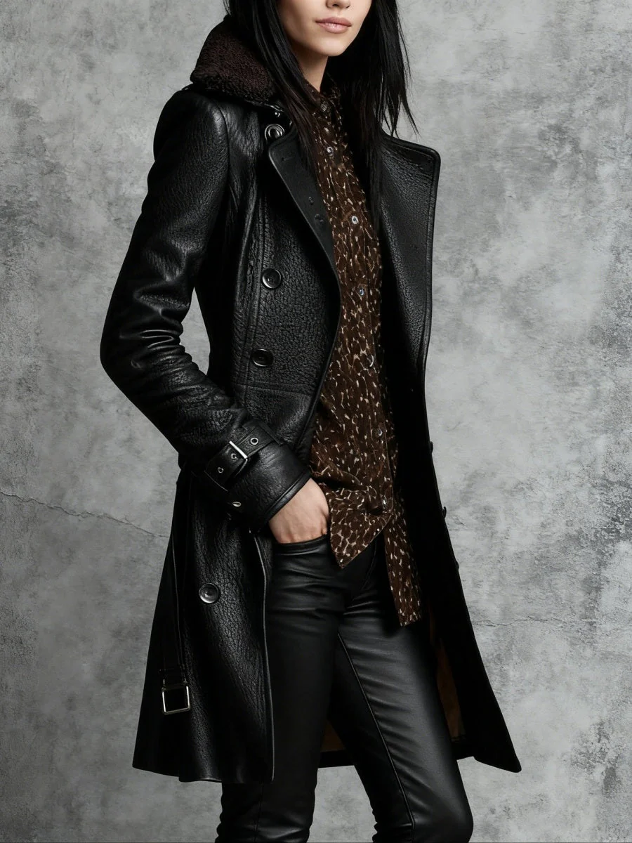 Black Thickening Fur Collar Buttons Leather Mid-length Jackets - Image 2