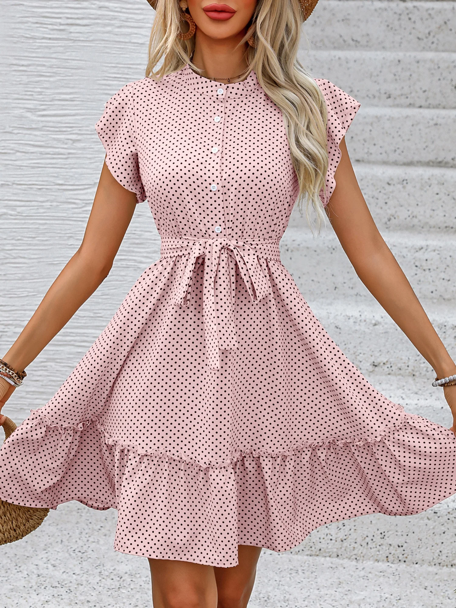 Polka Dots Lotus Leaf Sleeves A-line Skirt Lace Up Mini&Short Dresses - Image 4