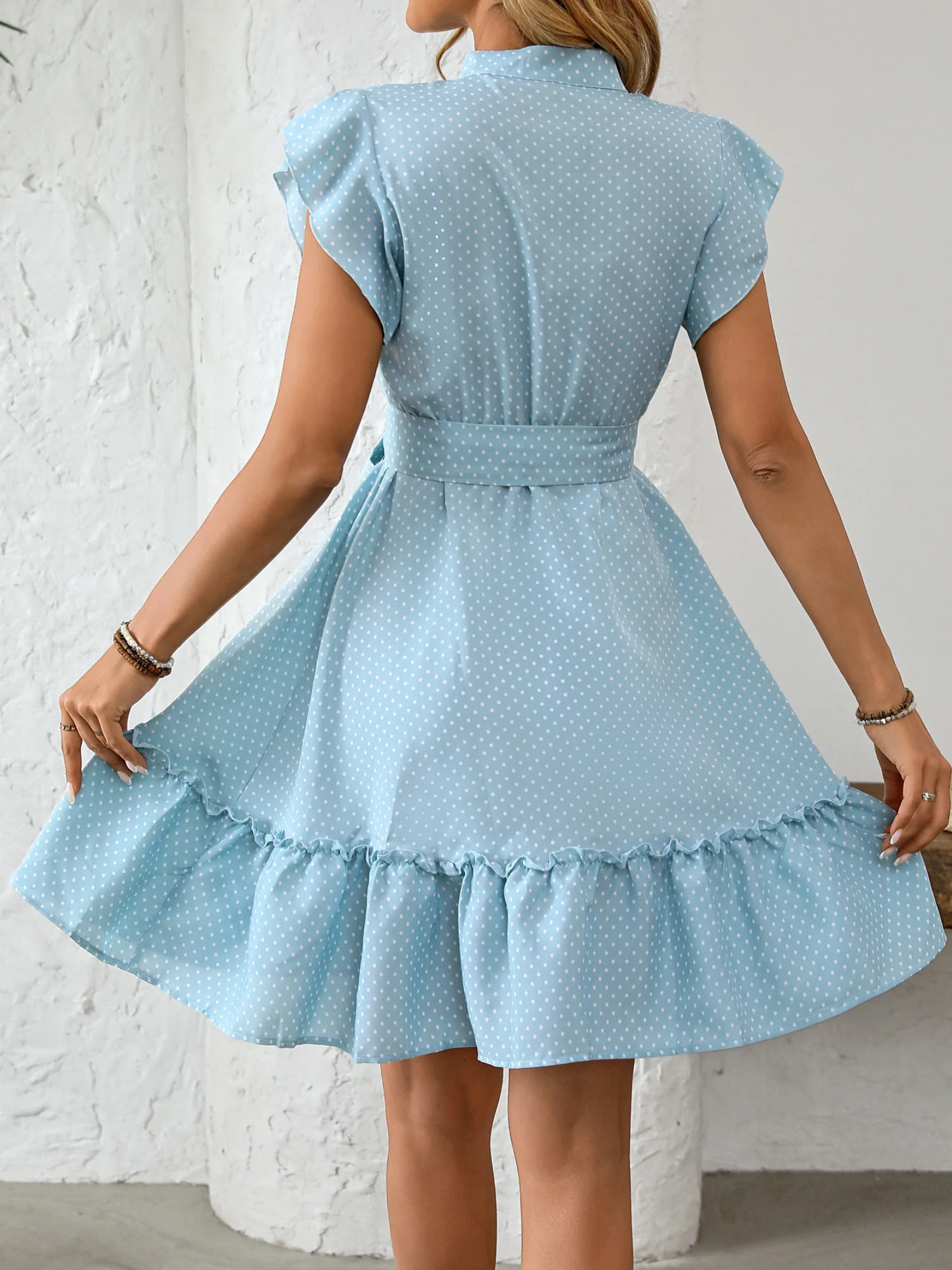 Polka Dots Lotus Leaf Sleeves A-line Skirt Lace Up Mini&Short Dresses - Image 6