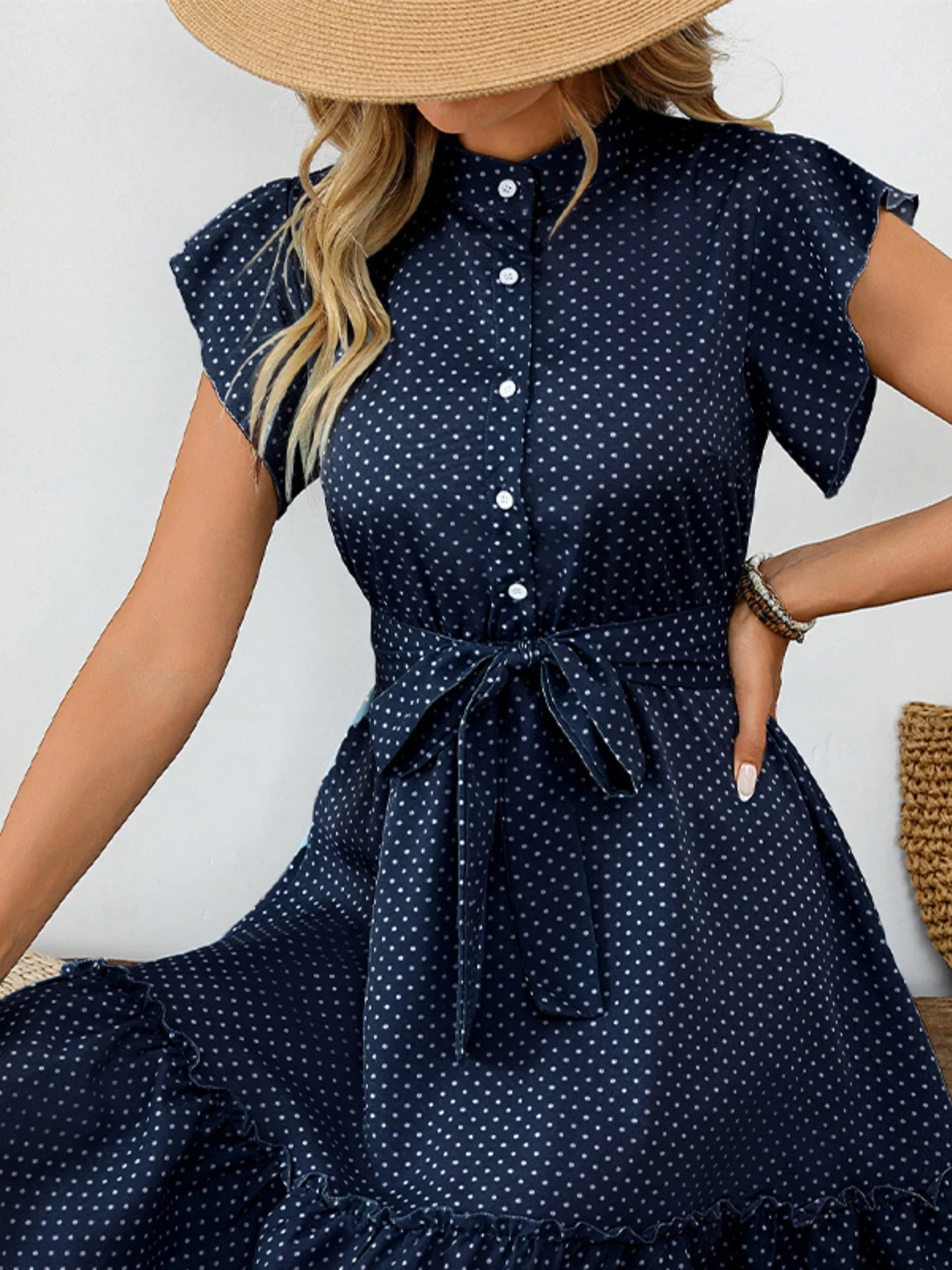 Polka Dots Lotus Leaf Sleeves A-line Skirt Lace Up Mini&Short Dresses - Image 8