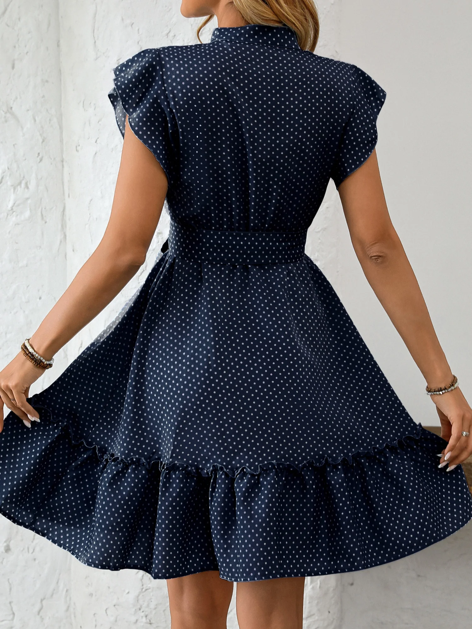 Polka Dots Lotus Leaf Sleeves A-line Skirt Lace Up Mini&Short Dresses - Image 9