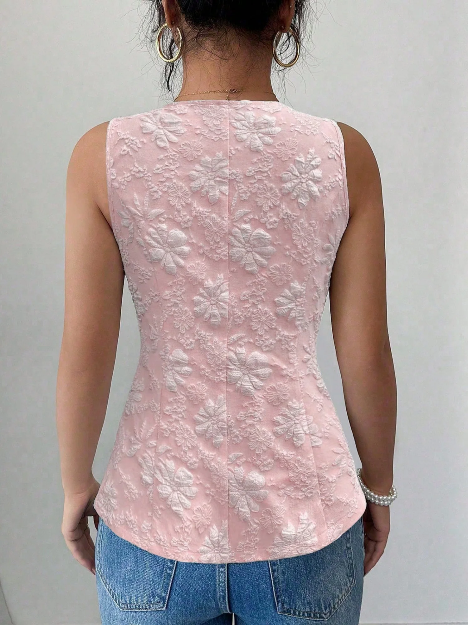Jacquard Pearl Buttons V-neck Sleeveless Tank Tops&Camis - Image 2