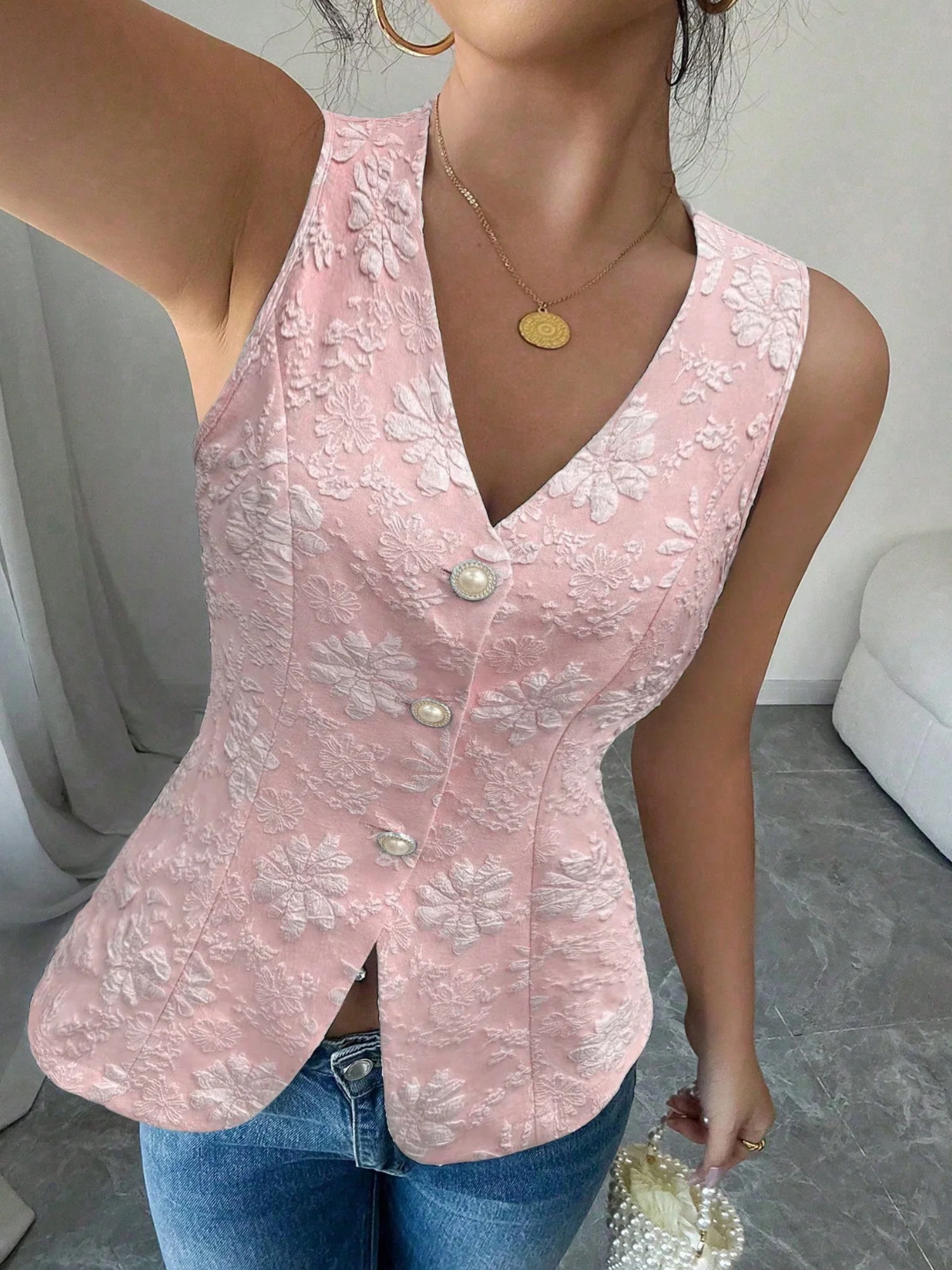 Jacquard Pearl Buttons V-neck Sleeveless Tank Tops&Camis - Image 4