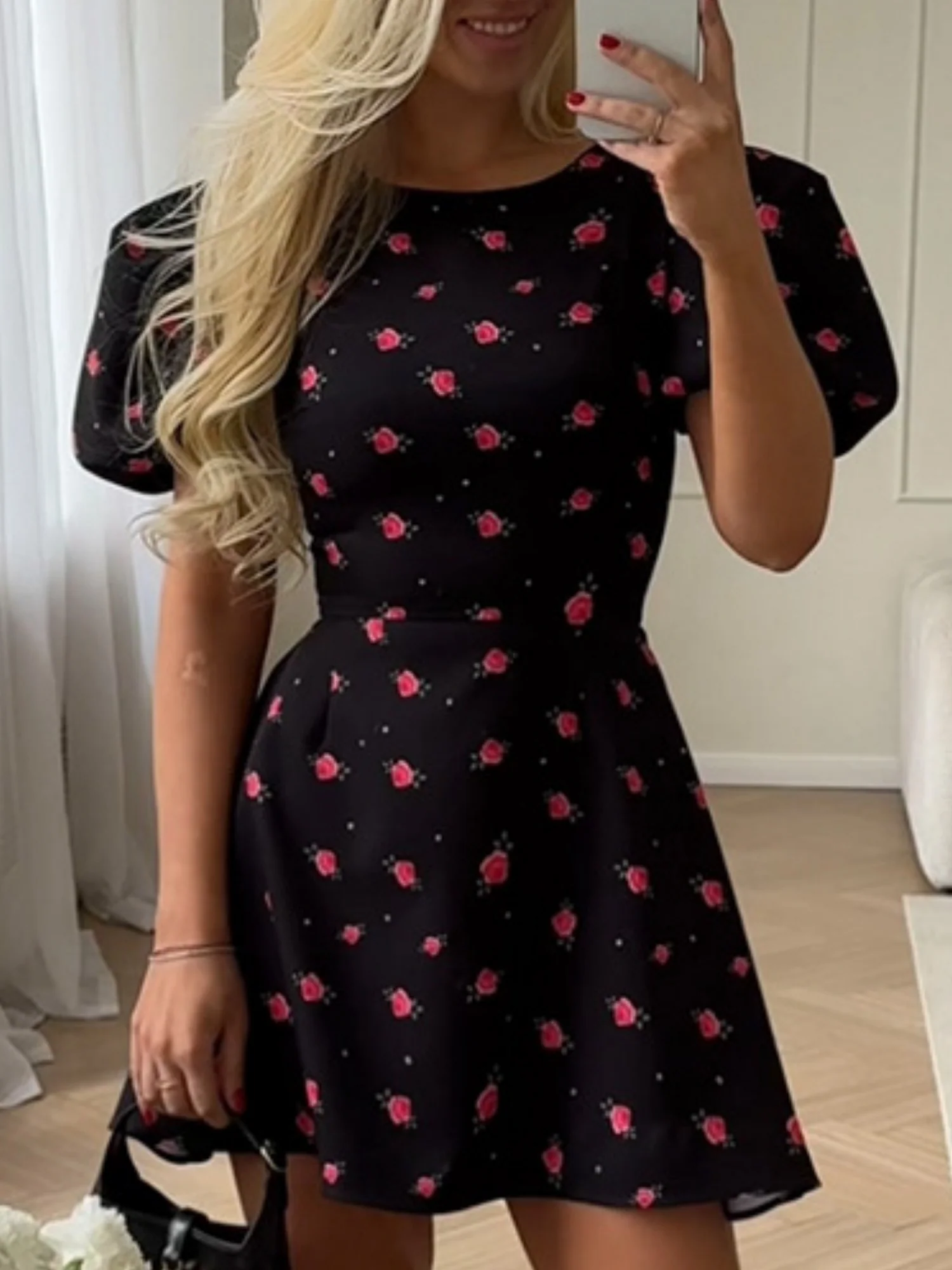Floral Waist Shaping Puff Short Sleeves Sweet Mini&Short Dresses - Image 2