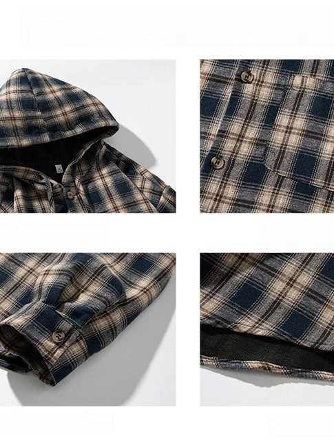 Color-blocked Plaid Hooded Shirt - Image 3