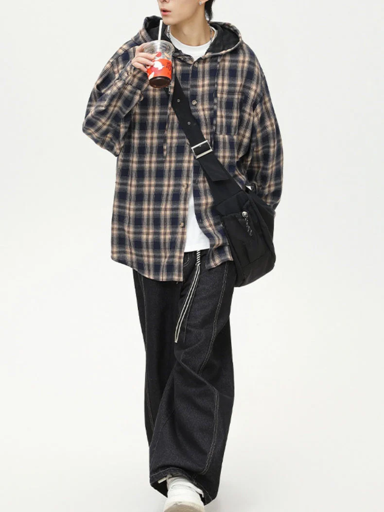 Color-blocked Plaid Hooded Shirt - Image 4